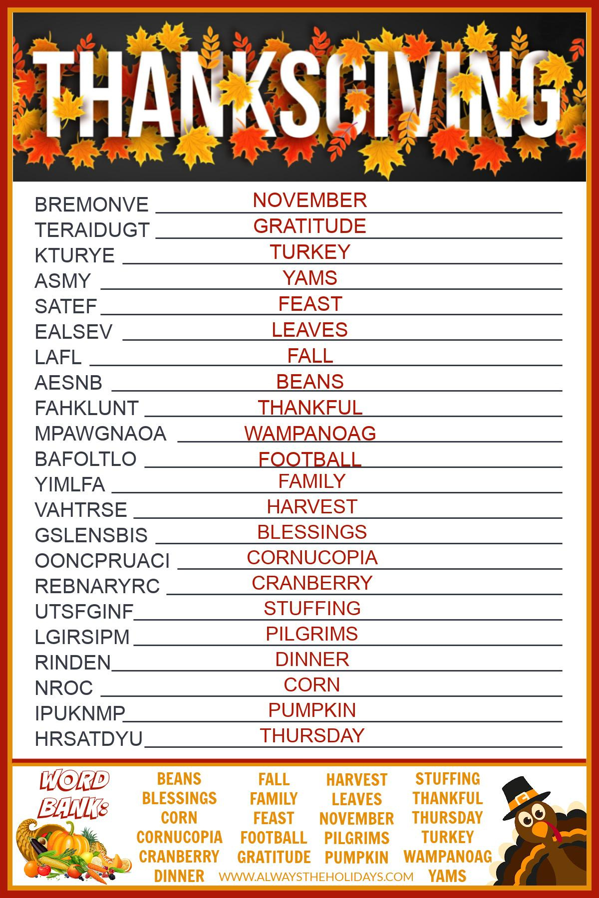 Get A Free Printable Thanksgiving Word Scramble With Answers intended for Thanksgiving Word Scramble With Answers Printable