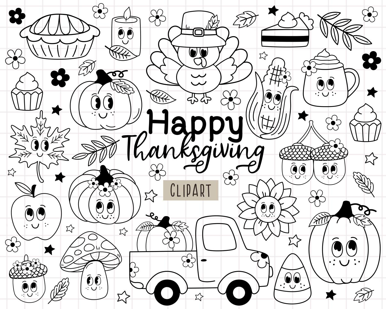 Groovy Autumn Clipart, Retro Fall Png, Thanksgiving Png, Hippie regarding Printable Thanksgiving Clip Art Black And White