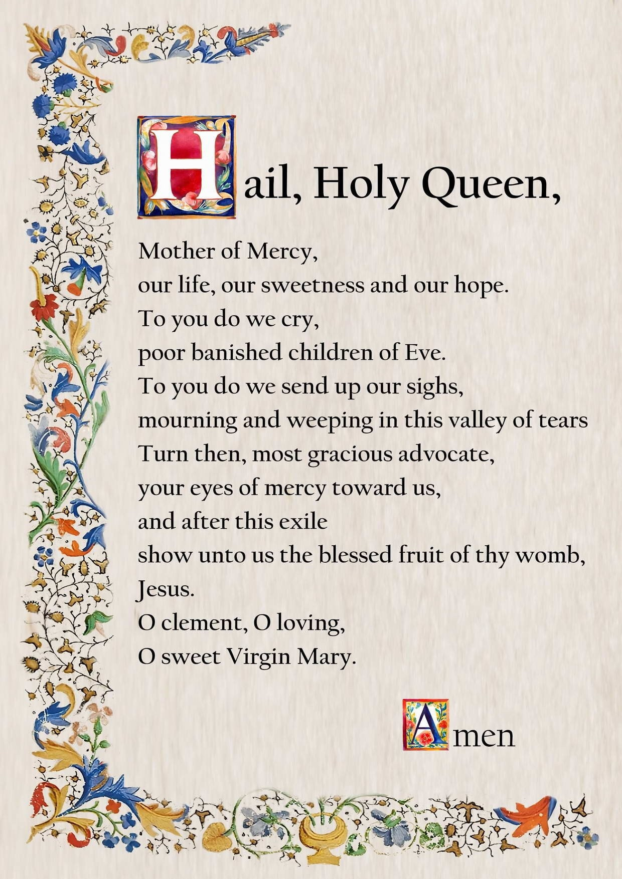 Hail Holy Queen Prayer, Catholic Prayer Card, Printable A4, Wall with Free Printable Hail Holy Queen Prayer