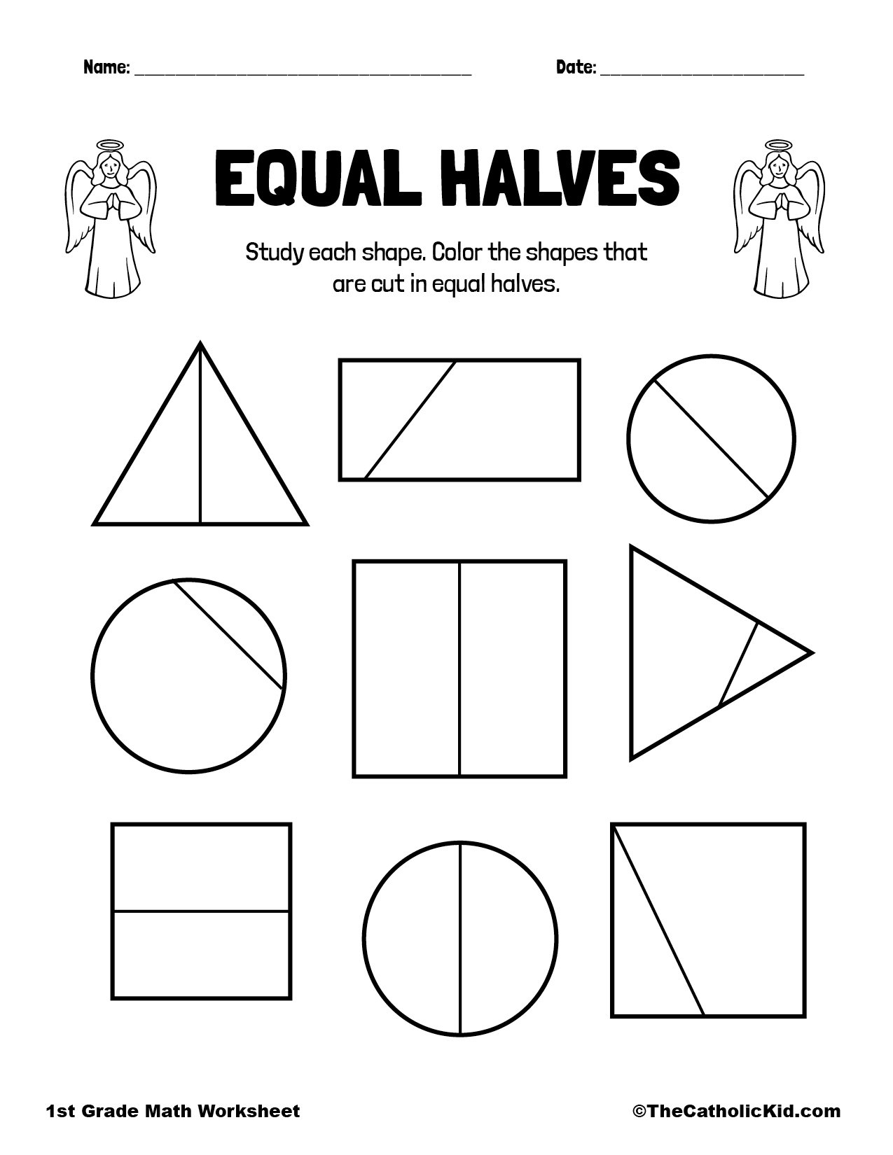 Half 1/2 Fractions - 1St Grade Math Worksheet Catholic with regard to Halves Worksheet Grade 1 Printable