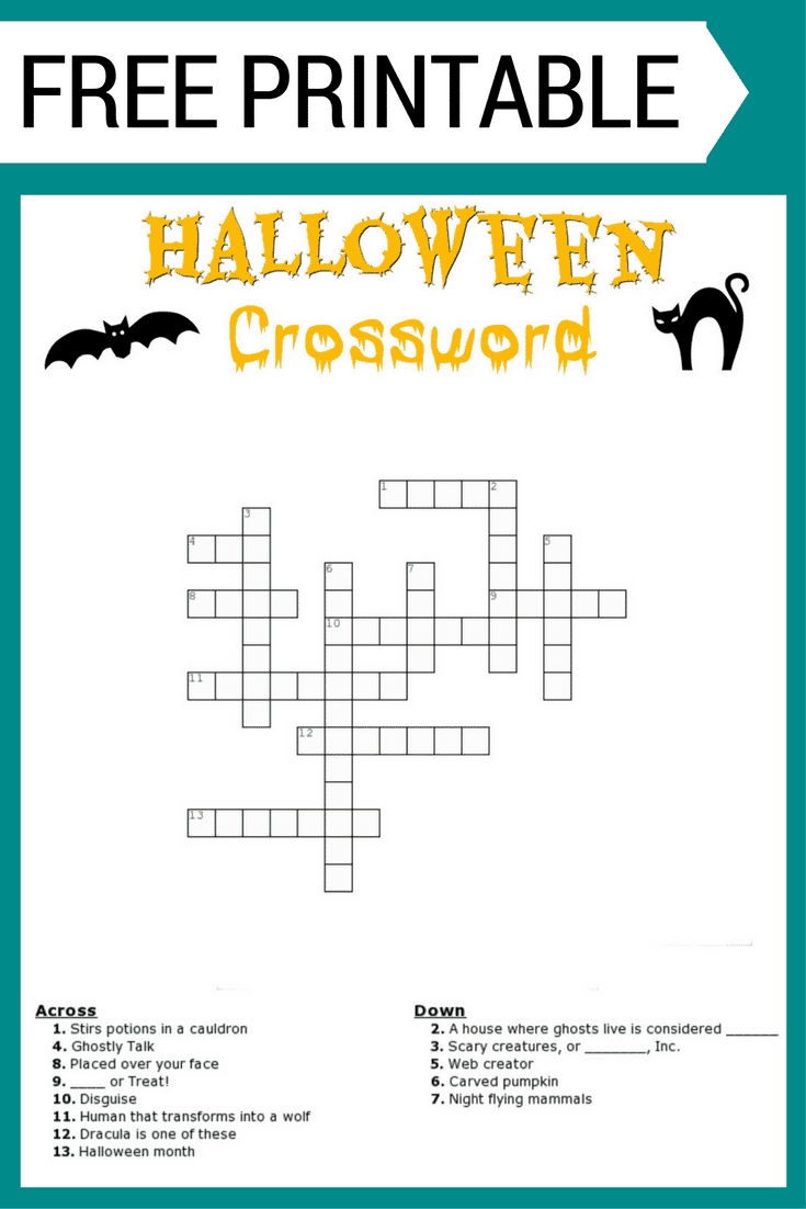 Halloween Crossword Printable (With Or Without Word Bank) regarding Free Printable Halloween Crossword