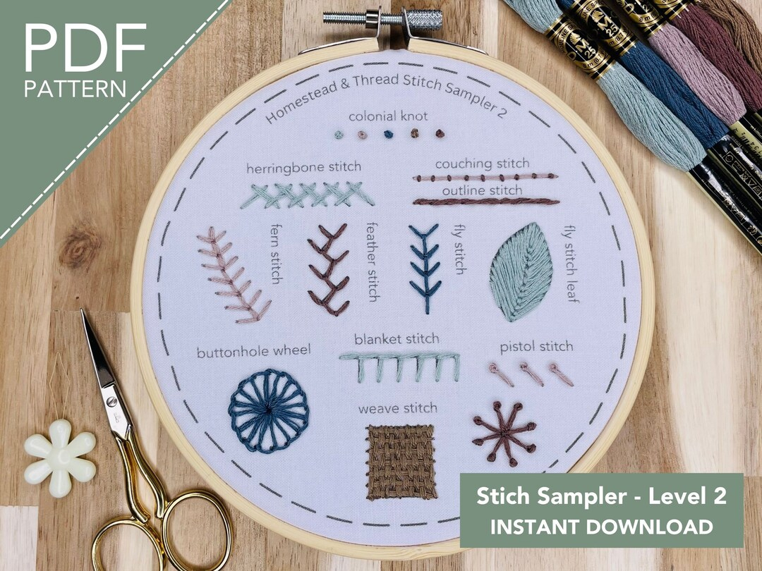 Hand Embroidery Stitch Sampler Pattern Level 2, Pdf Pattern pertaining to Printable Embroidery Sampler Patterns Free