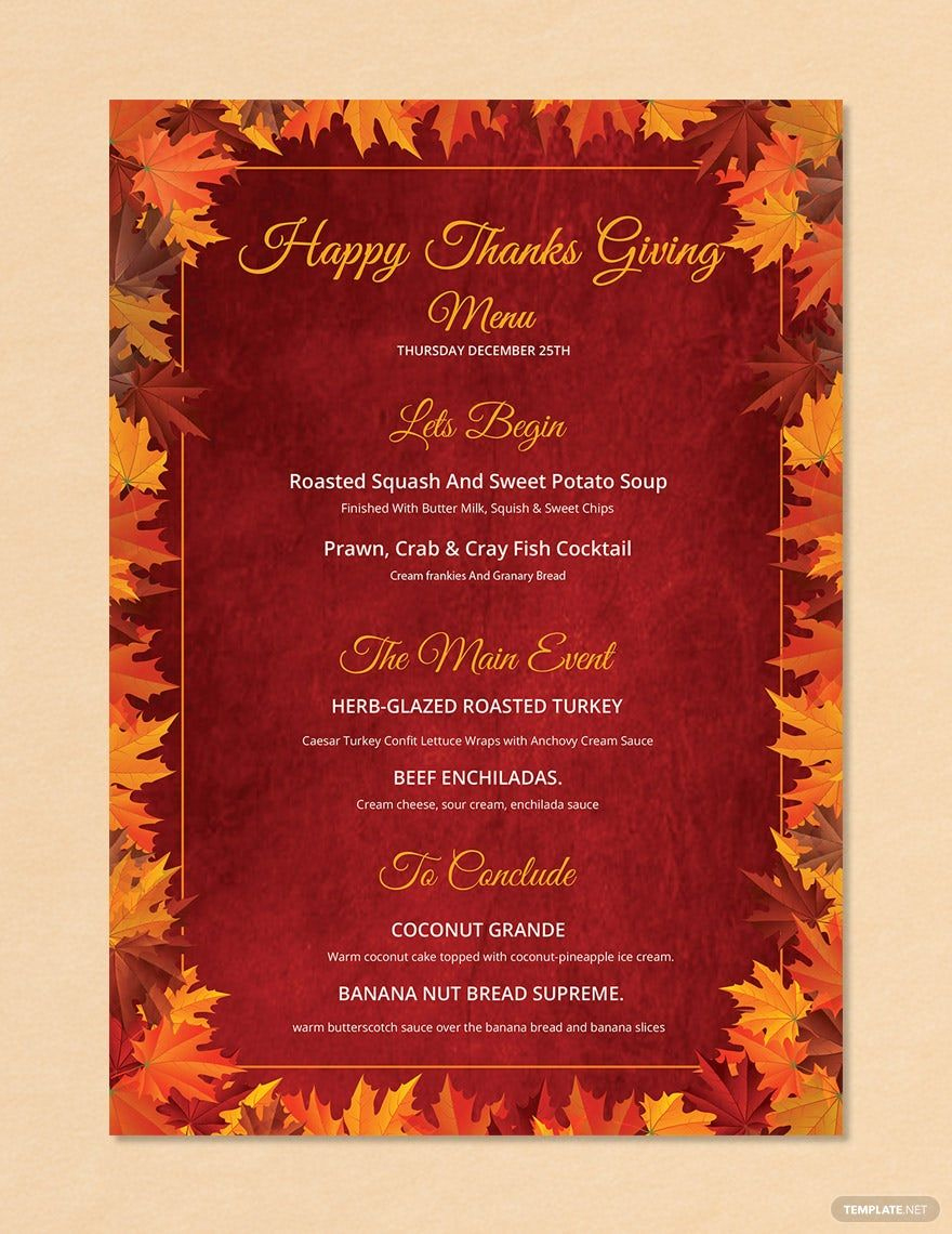 Happy Thanksgiving Menu Template In Pages, Psd, Word, Publisher pertaining to Word Template Thanksgiving Menu