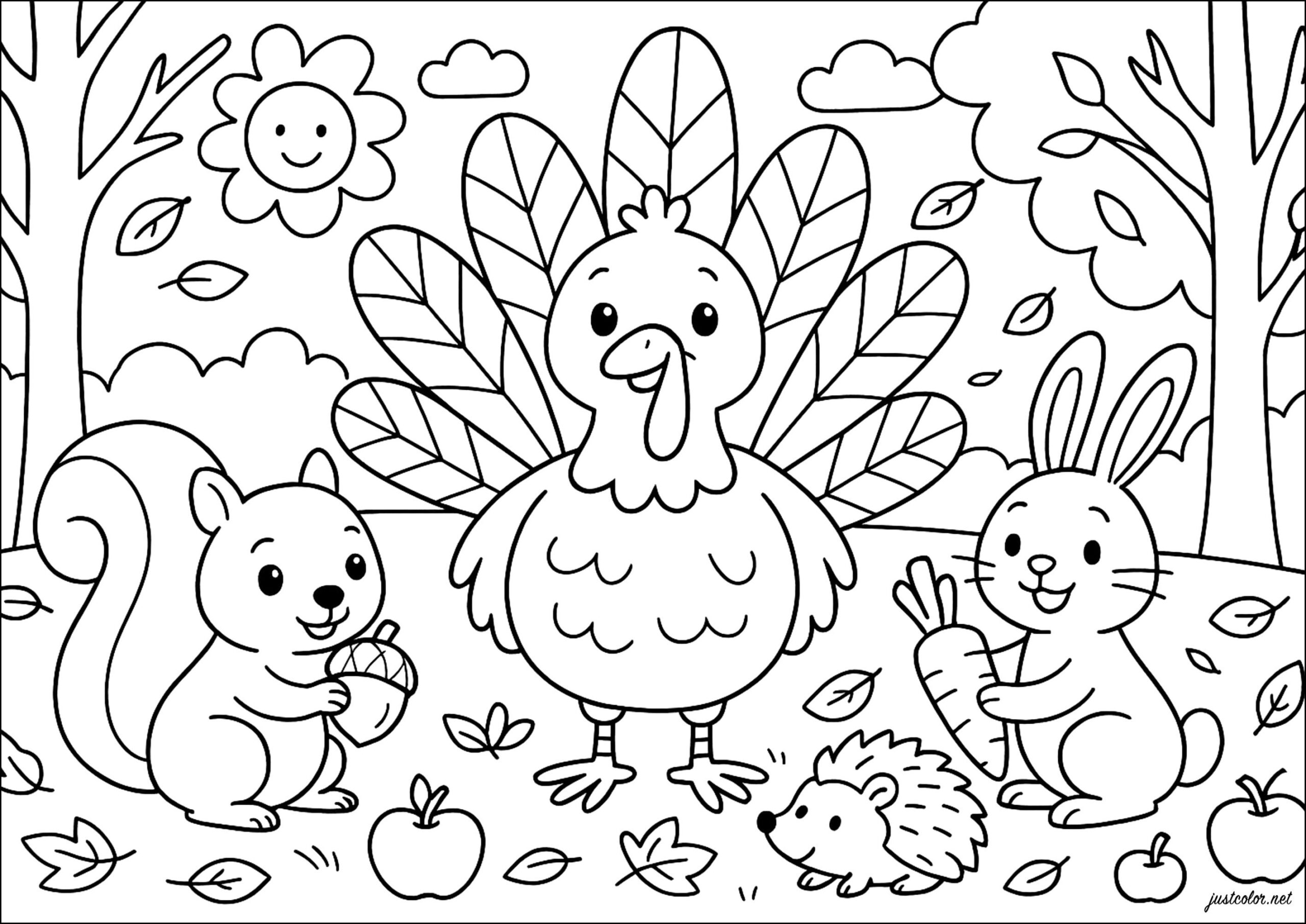 Happy Turkey And His Autumn Friends - Thanksgiving Coloring Pages throughout Printable Thanksgiving Coloring Pages For Kids