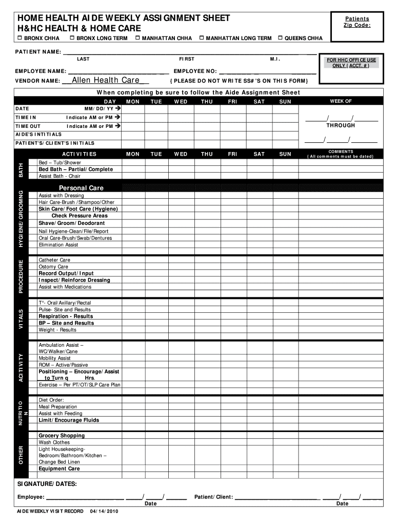 Home Health Aide Weekly Assignment Sheet Form - Fill Online inside Free Printable Cna Daily Assignment Sheets
