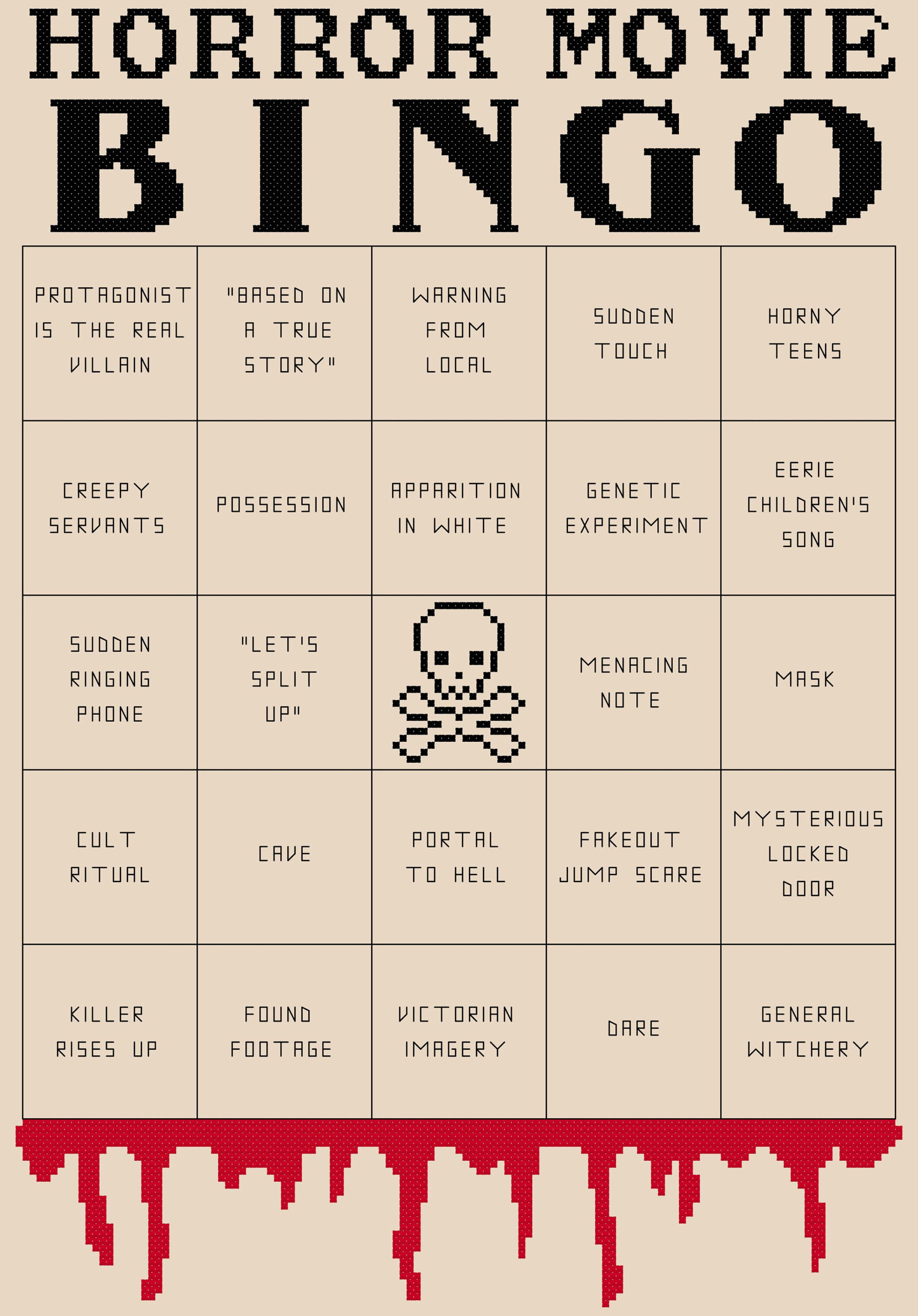 Horror Movie Bingo Cross Stitch Pattern Pdf Instant Download inside Horror Movie Bingo Cards