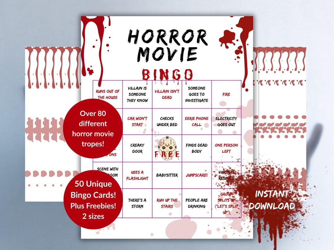 Horrorfilm Bingo Für Filmabend, Druckbare Halloween-Party-Spiel inside Horror Movie Bingo Cards