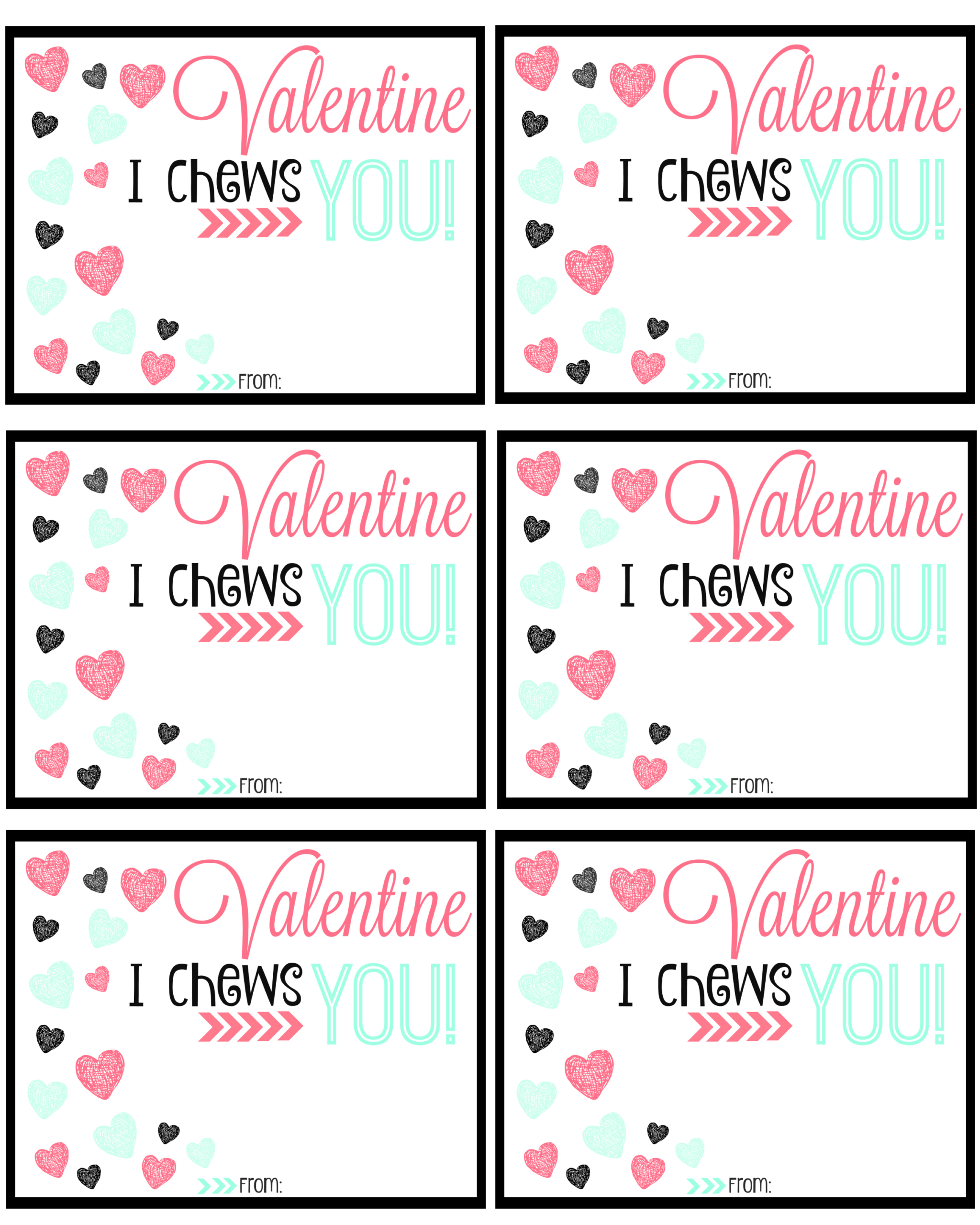 I Chews You” Printable Valentine Cards | Printable Valentines for I Chews You Valentine Printable