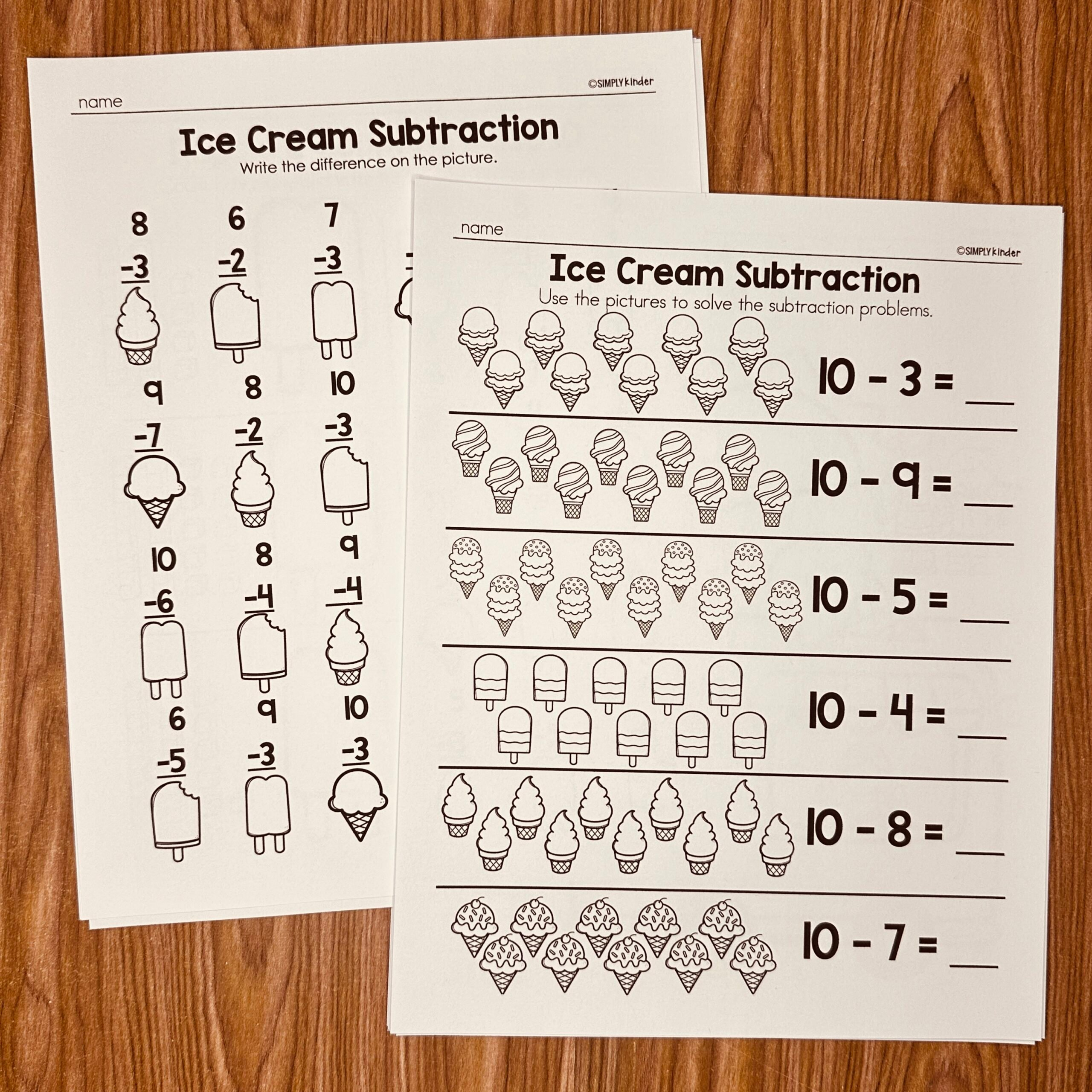 Ice Cream Day Subtraction Worksheets - Simply Kinder + Printable throughout Ice Cream Subtraction Worksheet Printable