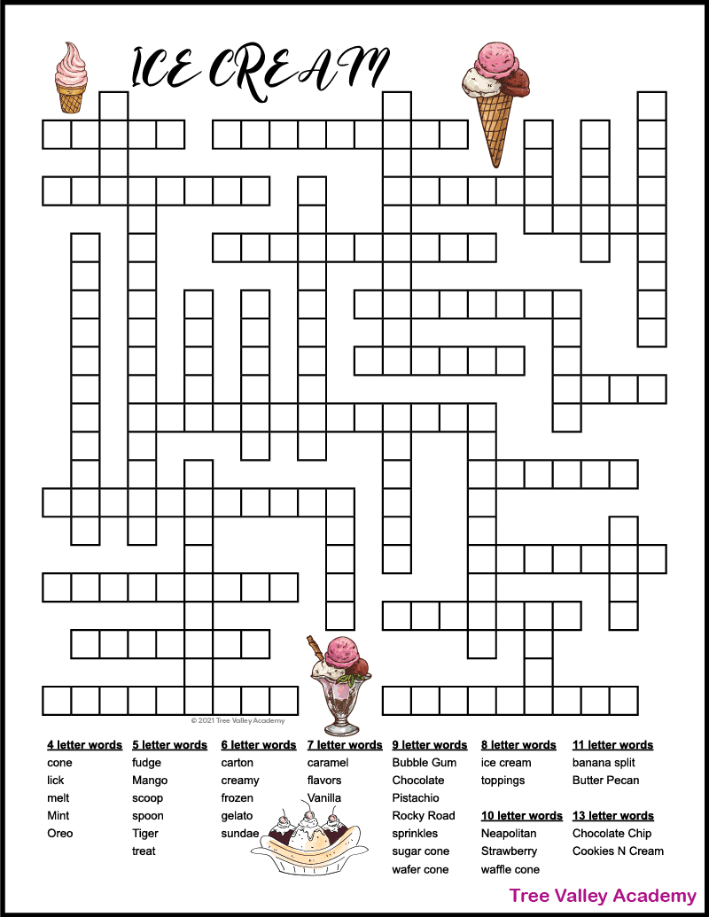 Ice Cream Fill In Puzzle - Tree Valley Academy intended for Crossword Fill in Printable