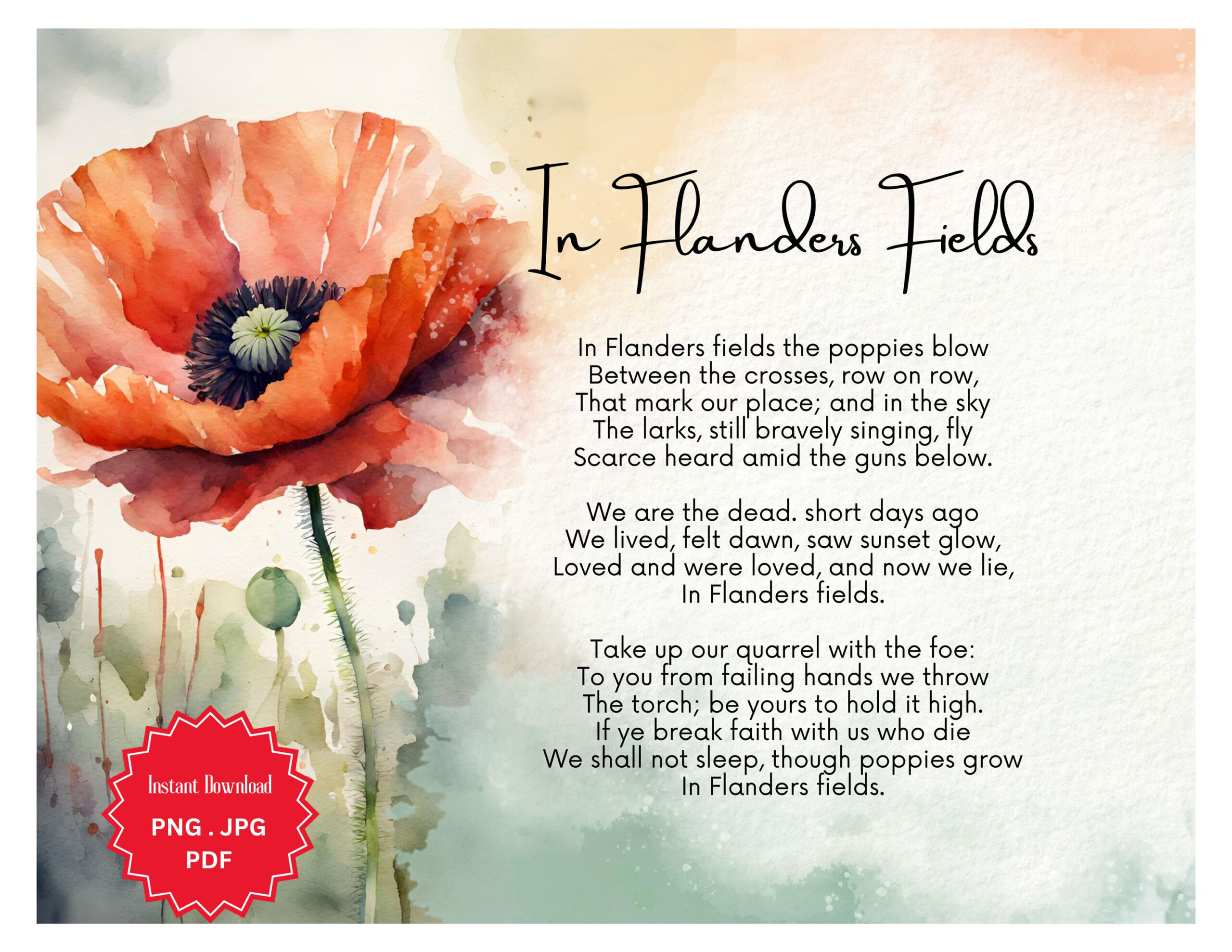 In Flanders Fields Poem Print: Remembrance Day Poppy Watercolor intended for Poppy Flower Veterans Day Poem