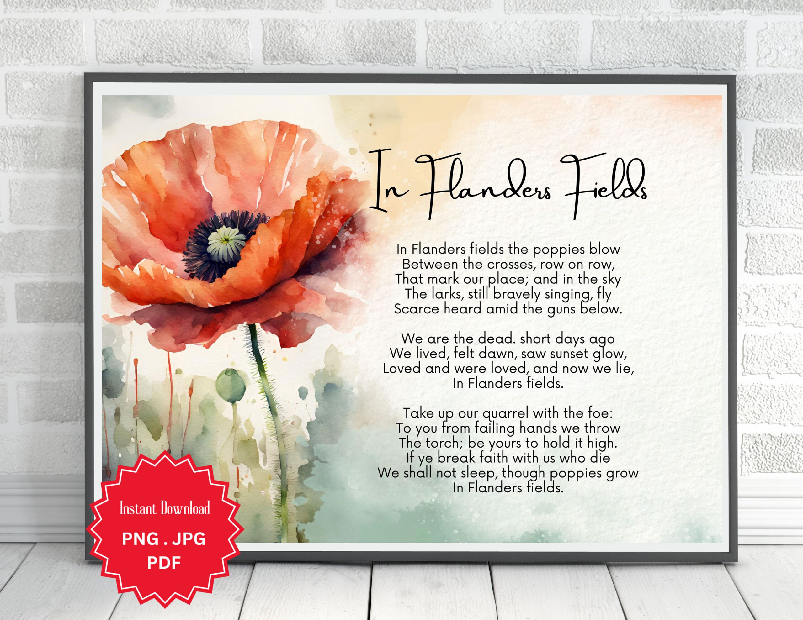 In Flanders Fields Poem Print: Remembrance Day Poppy Watercolor pertaining to Poppy Veterans Day Poem