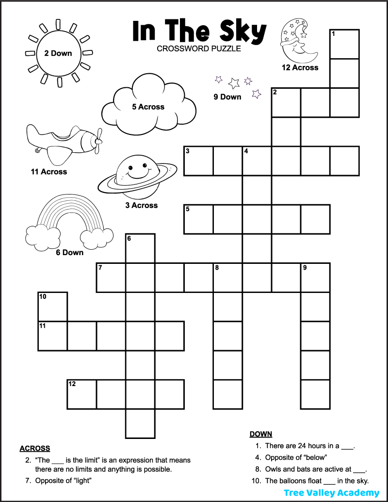 In The Sky Crossword Puzzle For Kids - Tree Valley Academy with regard to Printable Crossword Puzzles For 2nd Graders