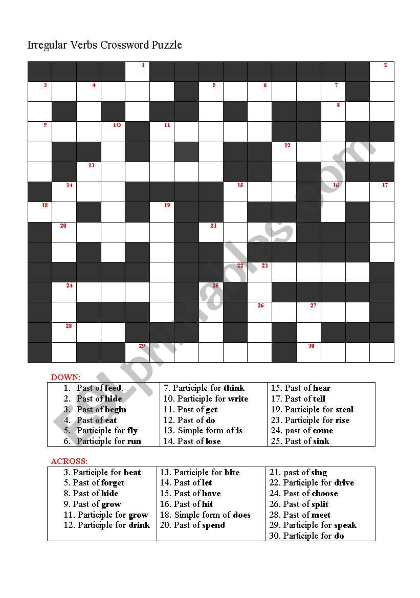 Irregular Verb Crossword Puzzle - Esl Worksheetnboutahar1 intended for Printable Esl Crossword Puzzles