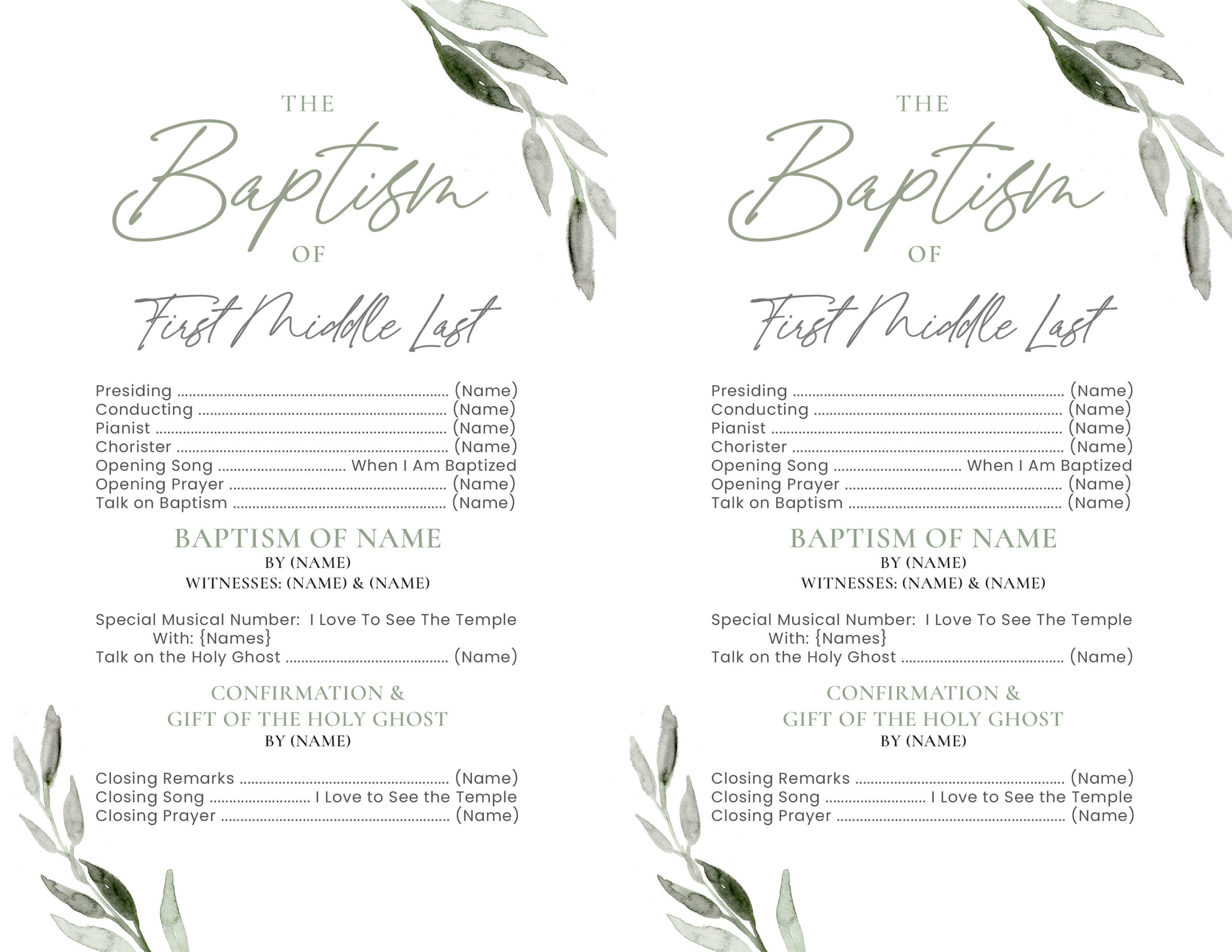 Lds Baptism Program: Editable Olive Branch Half Sheet (Digital with Printable Lds Baptism Program Template Free