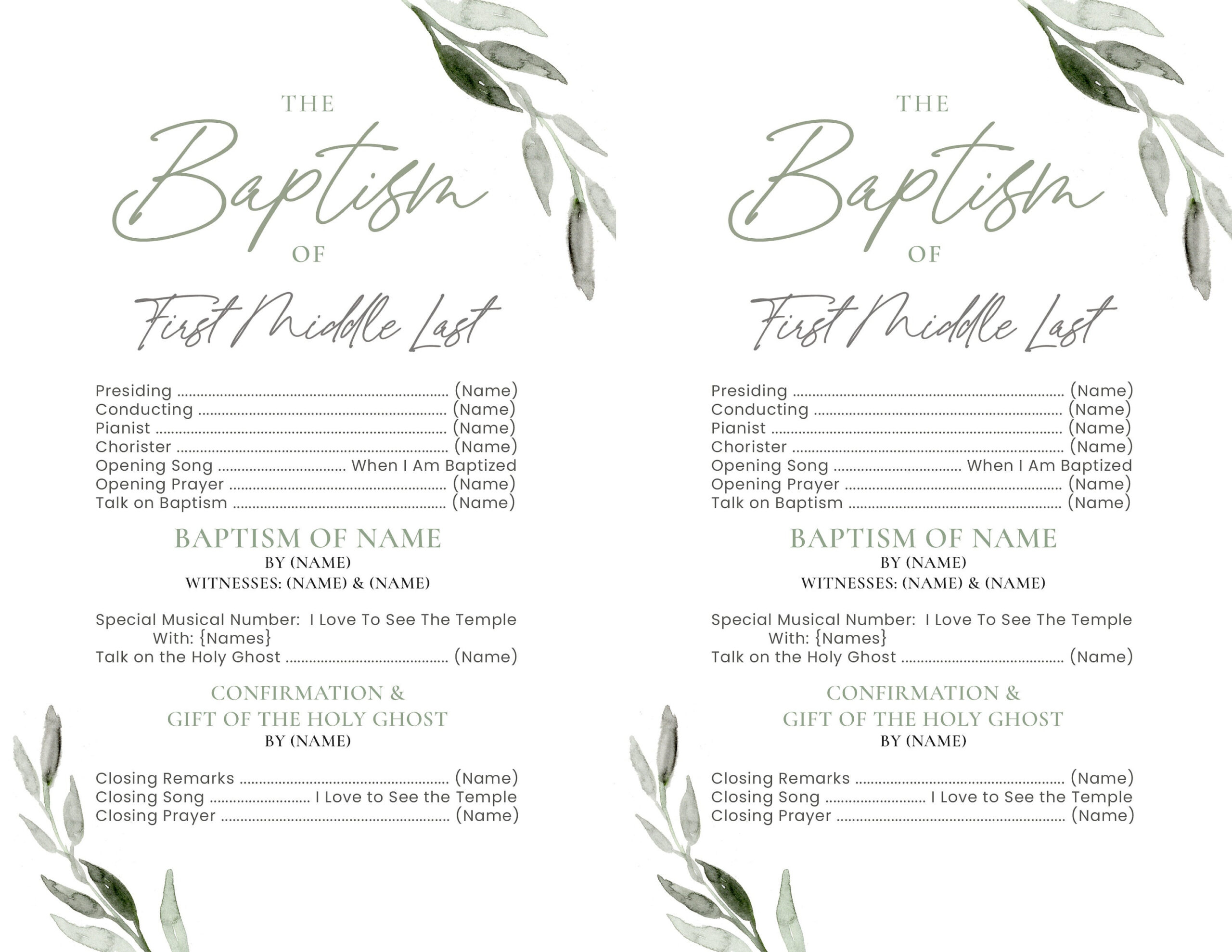 Lds Baptism Program: Editable Olive Branch Half Sheet (Digital within Free Lds Baptism Printables