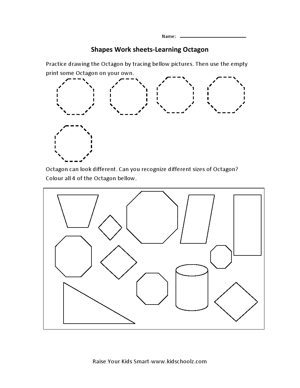 Learning Shapes Worksheets - Octagon - Kidschoolz - Worksheets Library with Free Printable Octagon Worksheets For Preschoolers