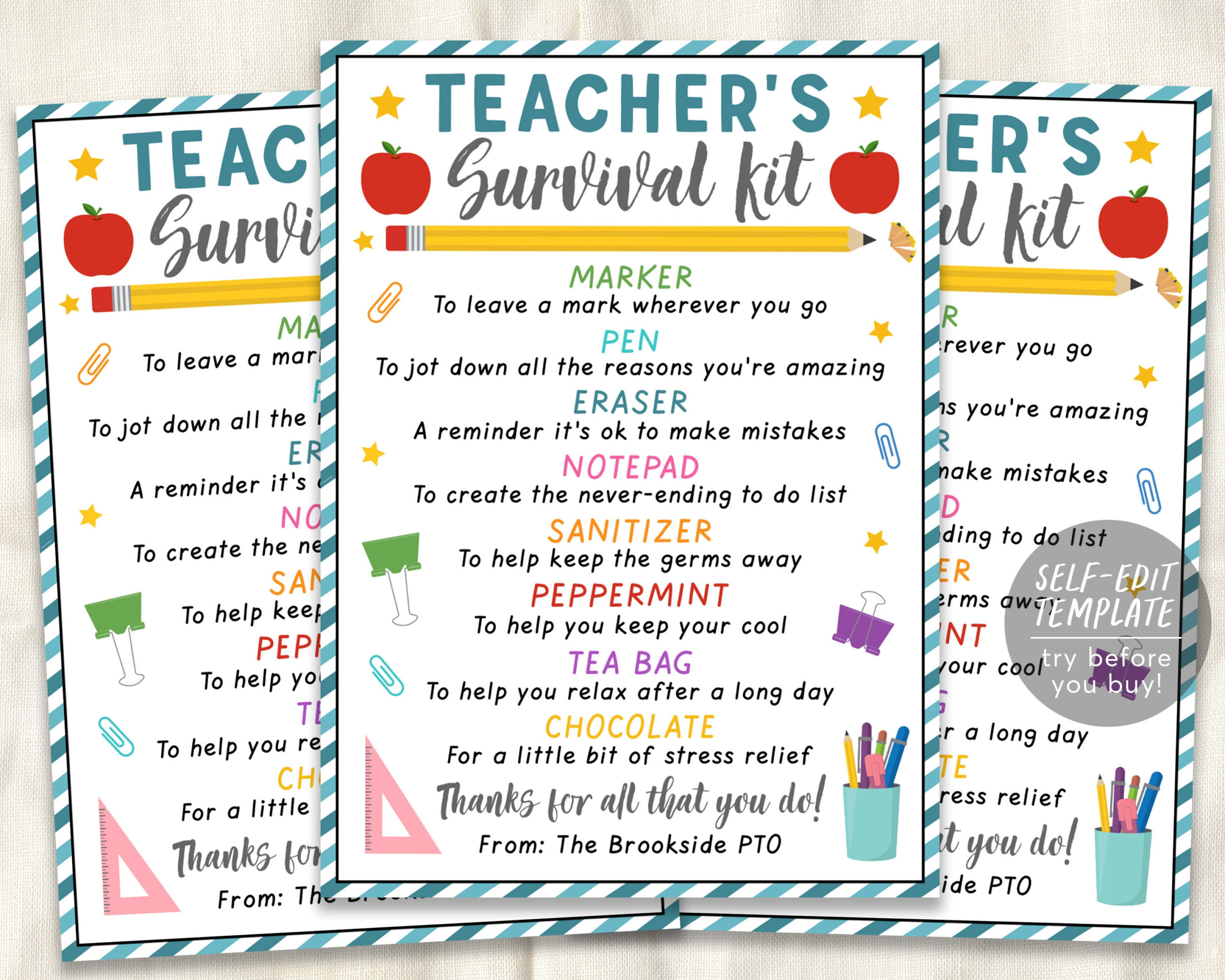 Lehrer Survival Kit Bearbeitbare Vorlage, Lehrer Anerkennung Woche throughout Free Printable Teacher Survival Kit