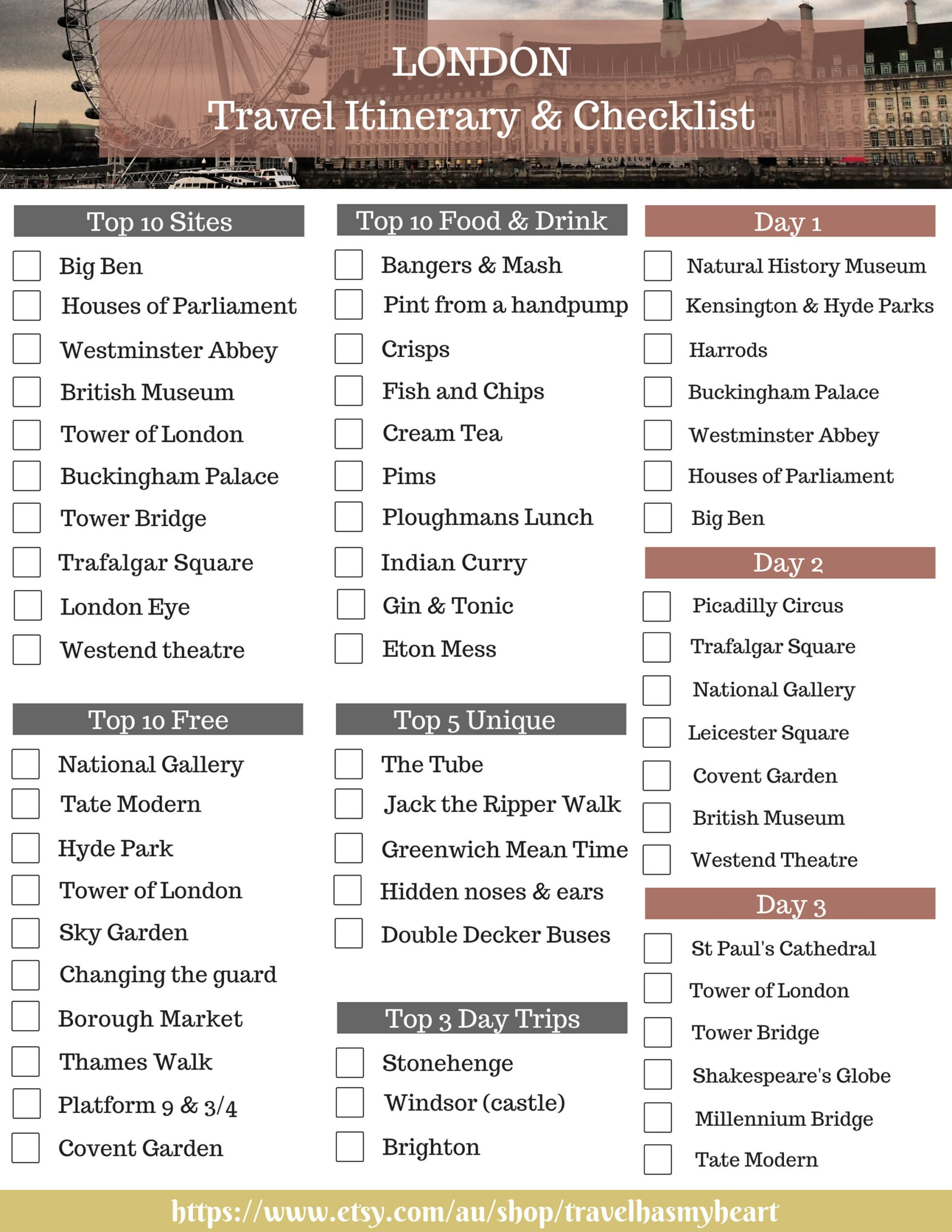London Travel Checklist &amp;amp; Itinerary: Top 10 Sites, Foods (Pdf) - Etsy inside Printable London Packing List