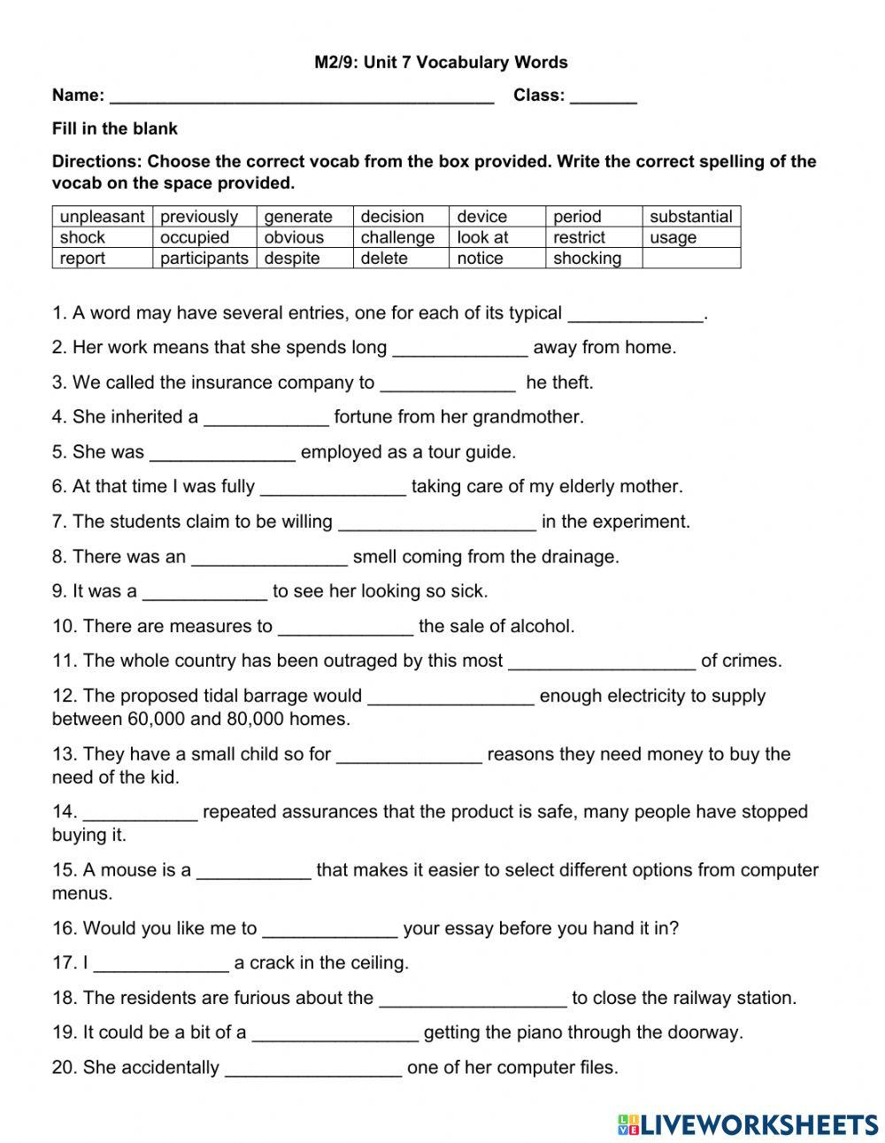 M2: Unit 7 Vocabulary Words Worksheet | Live Worksheets within Vocabulary Printable Worksheets For Grade 7