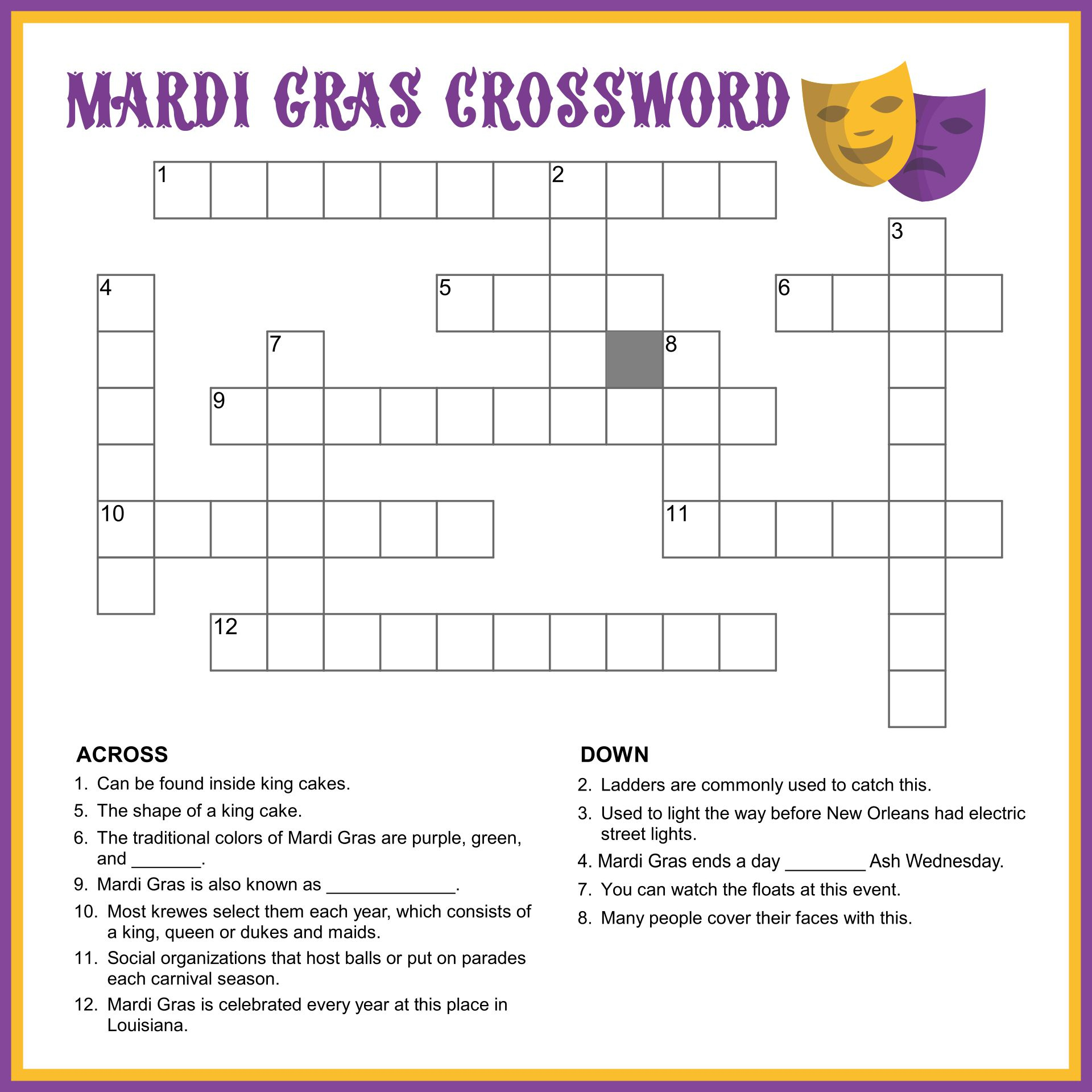 Mardi Gras Crossword - 14 Free Pdf Printables | Printablee inside Mardi Gras Crossword Puzzle Printable
