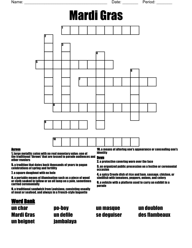 Mardi Gras Crossword - Wordmint intended for Mardi Gras Crossword Puzzle Printable