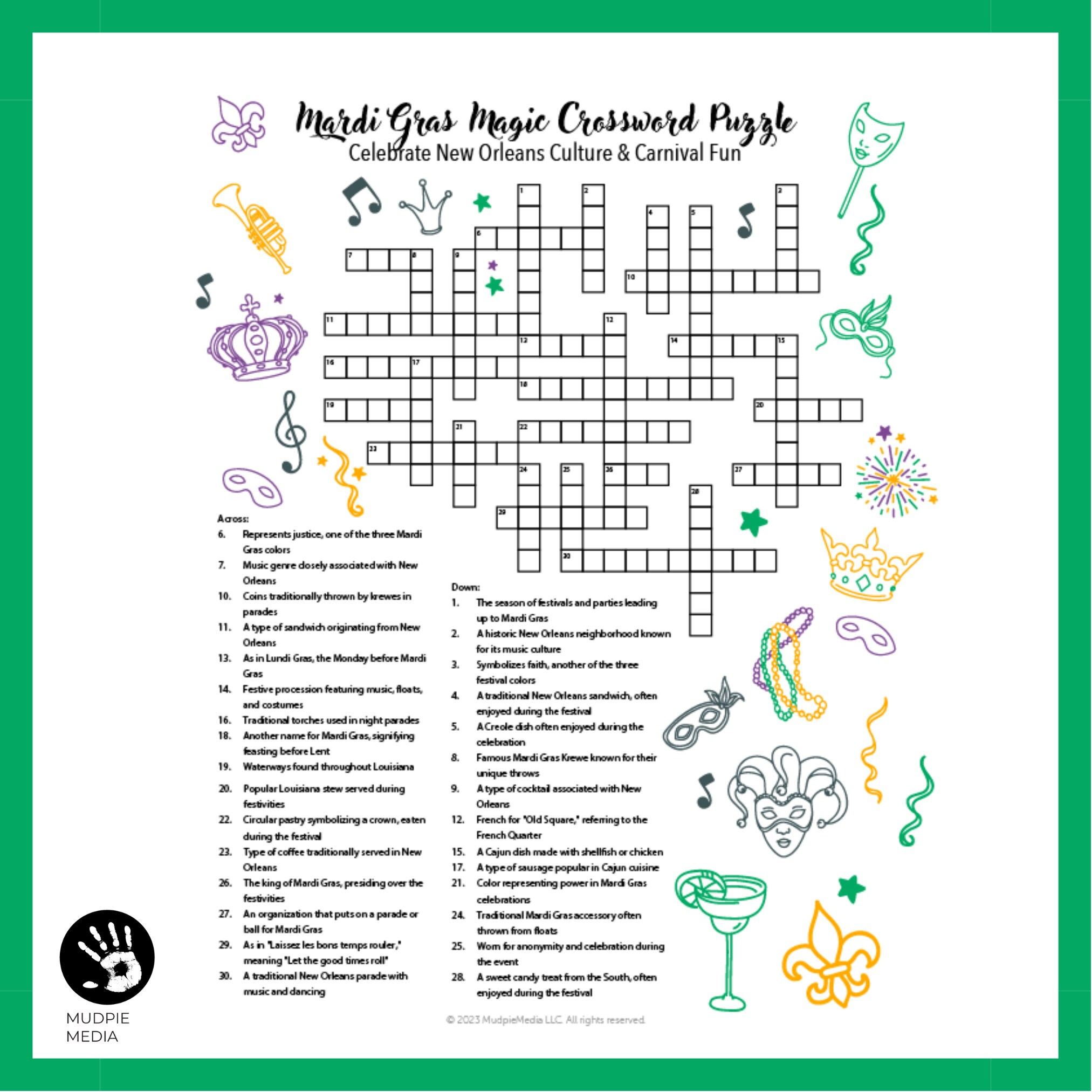 Mardi Gras Magic Crossword Puzzle Celebrate New Orleans Culture with regard to Mardi Gras Crossword Puzzle Printable