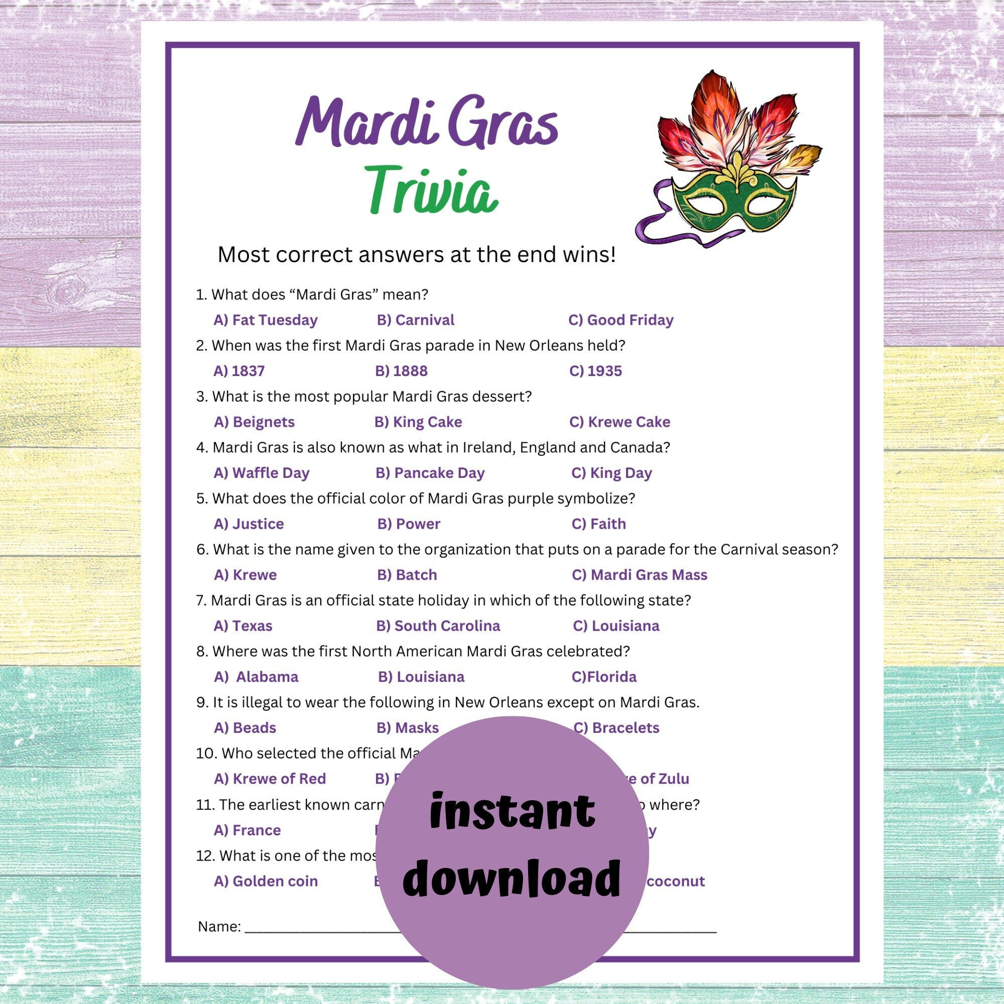Mardi Gras Trivia Game | Printable Mardi Gras Party Game| Instant in Free Printable Mardi Gras Trivia Questions And Answers
