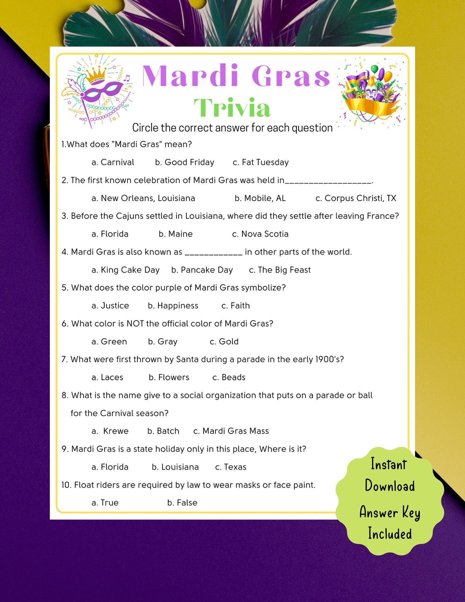 Mardi Gras Trivia Game: Printable Party Activity (Digital Download inside Free Printable Mardi Gras Trivia Questions And Answers