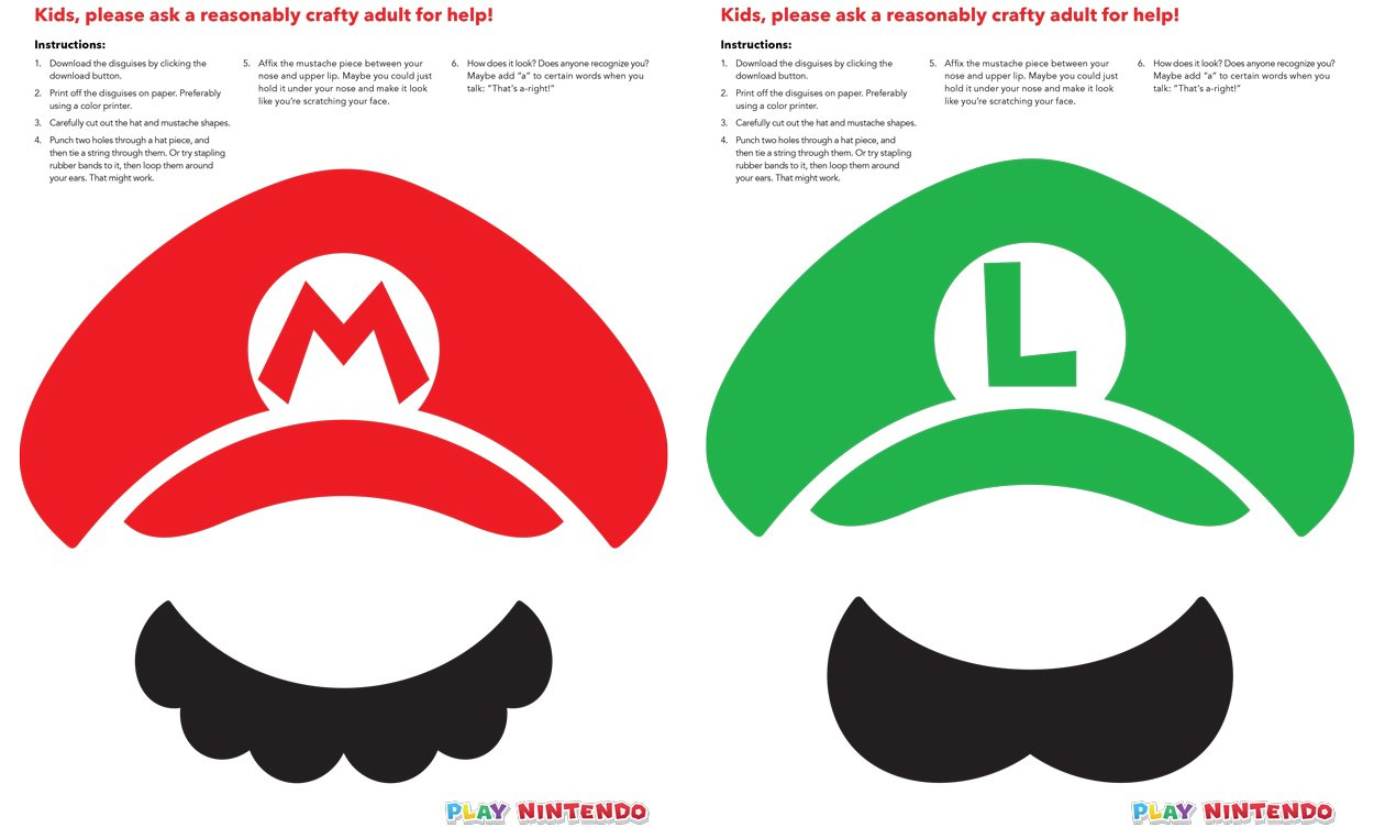 Mario And Luigi Instant Disguise Kit - Printable Hats & Mustaches pertaining to Mario Turkey Disguise Printable