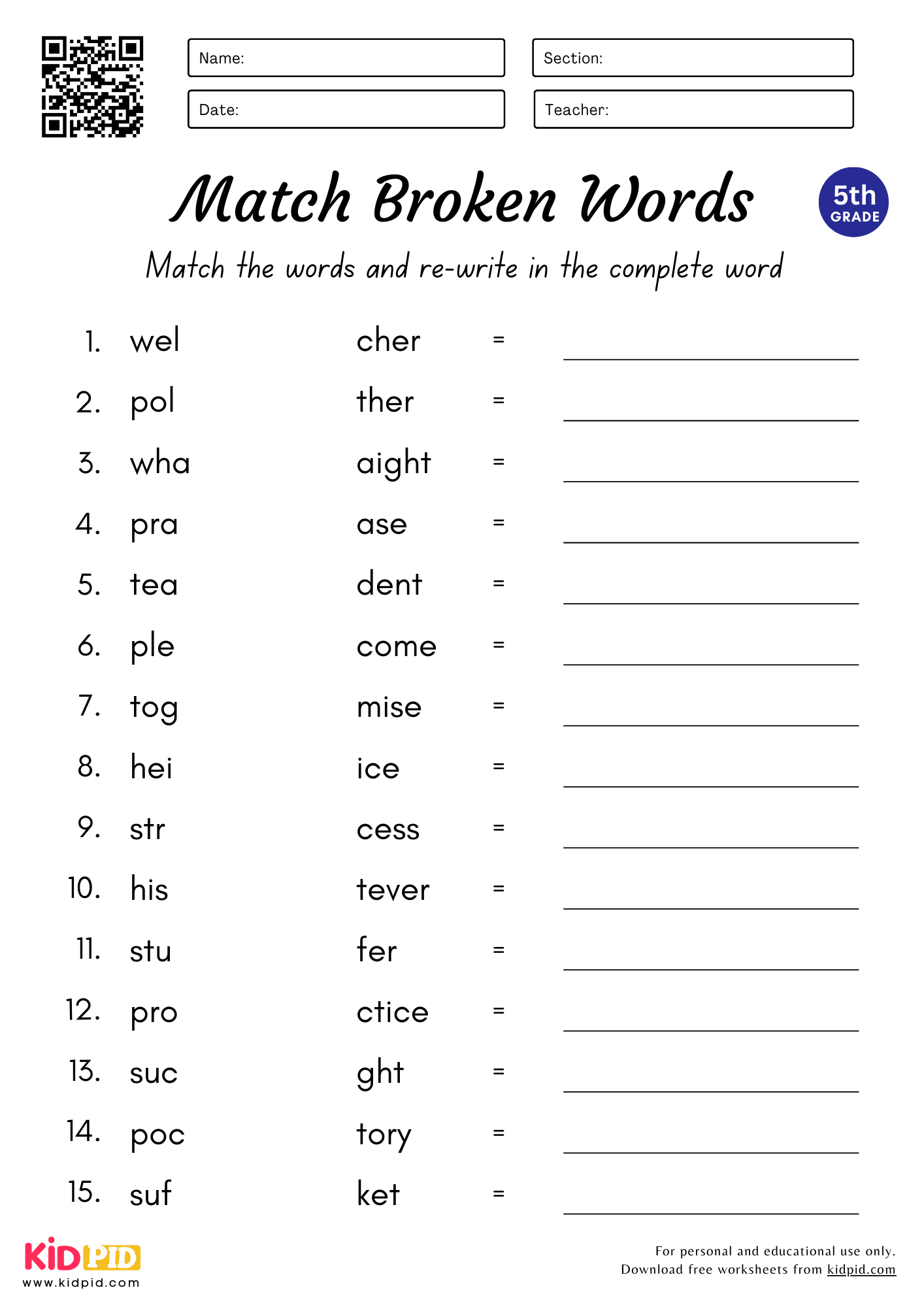 Match &amp;amp; Complete The Words Worksheet For Grade 5 - Kidpid with Printable Grammar Worksheets For Grade 5