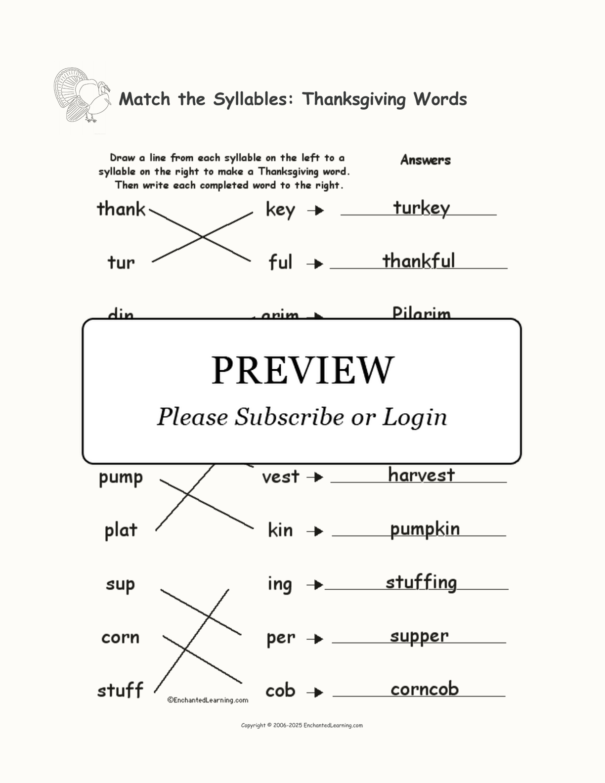 Match The Syllables: Thanksgiving Words - Enchanted Learning within Thanksgiving Syllables Worksheet