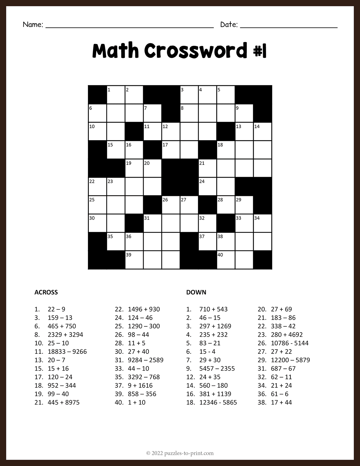 Math Crossword 1 intended for Maths Crossword Printable