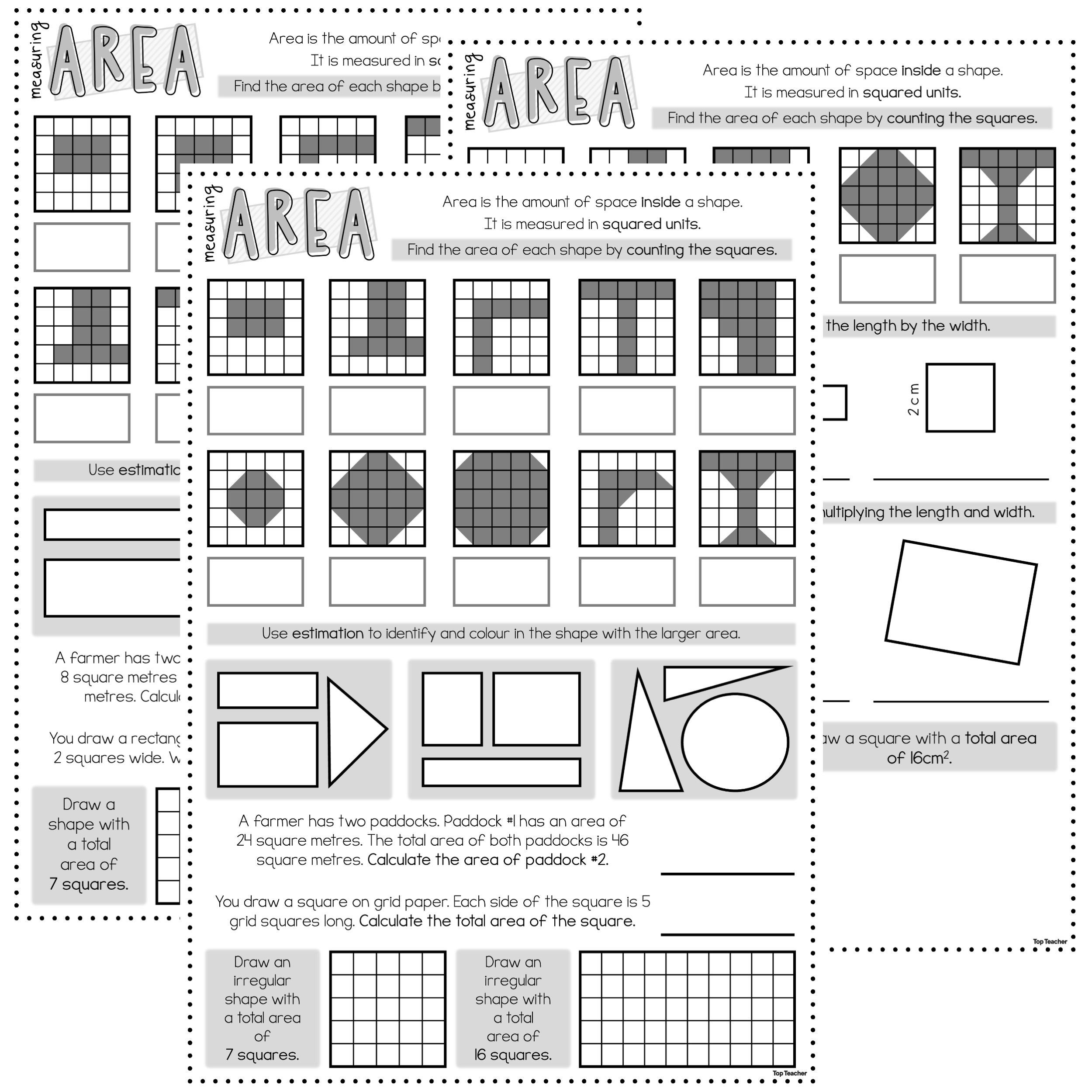 Measuring Area: Informal & Formal Units Worksheets - Top Teacher in Draw Area Square Template Worksheet Printable