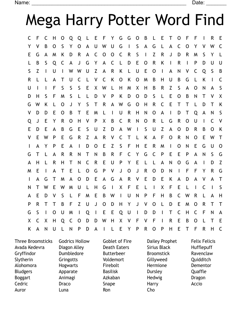 Mega Harry Potter Word Find Word Search - Wordmint within Harry Potter Word Search Free Printable