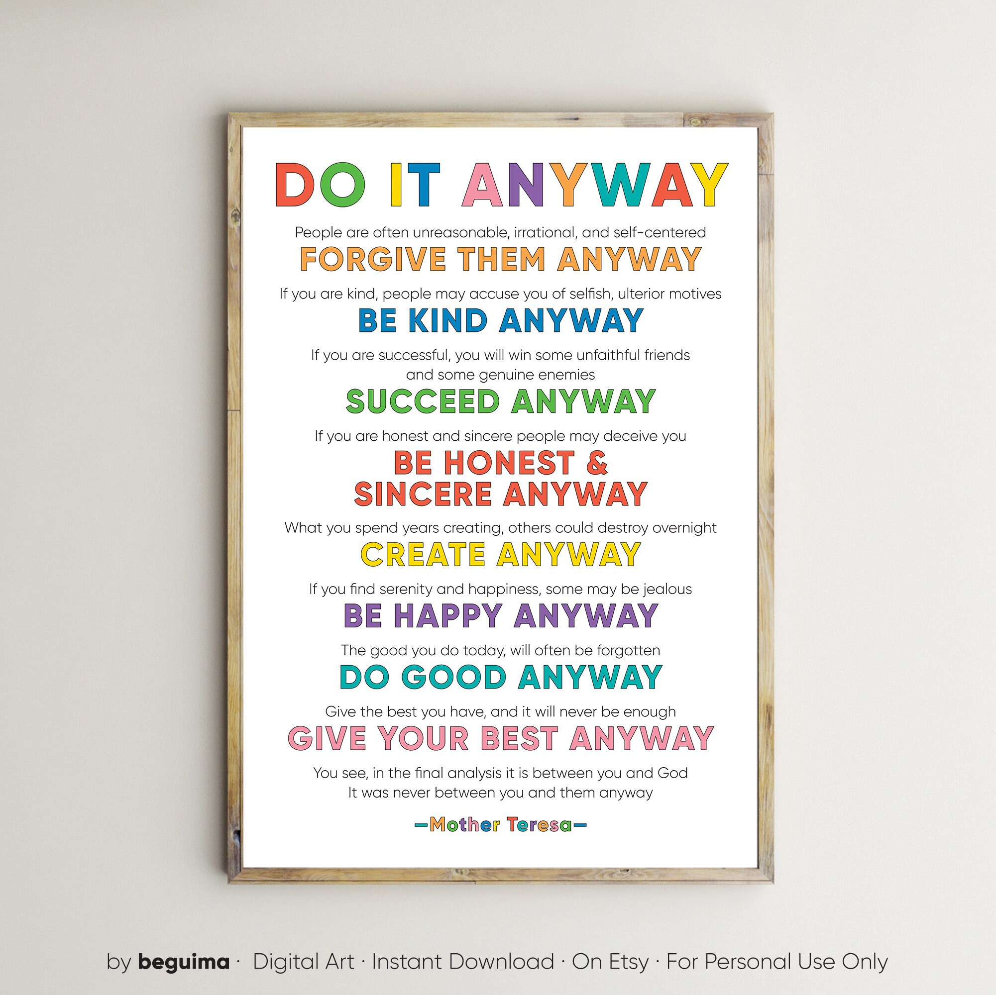 Mother Teresa Print,Do It Anyway,Inspirational Quotes,Poster,Wall pertaining to Mother Teresa Do It Anyway Printable