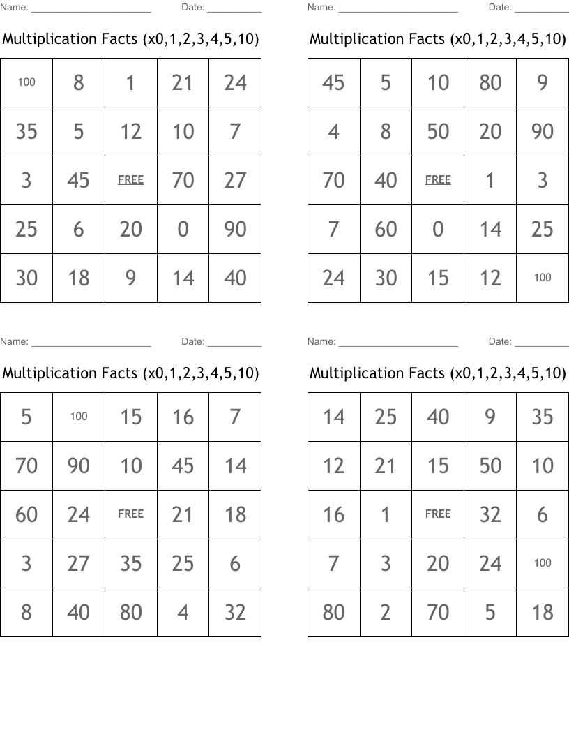 Multiplication Facts (X0,1,2,3,4,5,10) Bingo Cards - Wordmint regarding Printable Multiplication Bingo Calling Cards