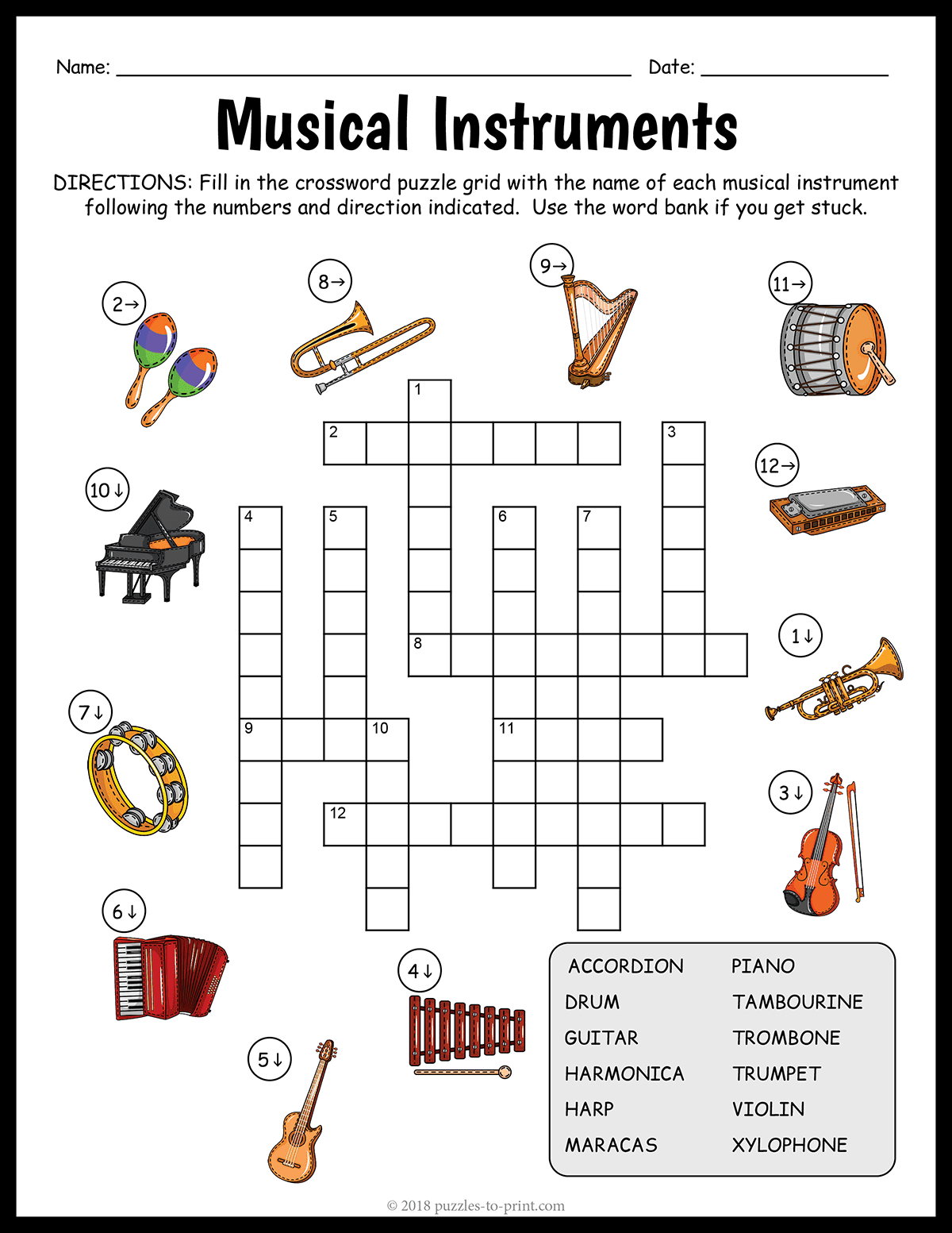 Musical Instruments Crossword inside Music Crossword Puzzles Printable