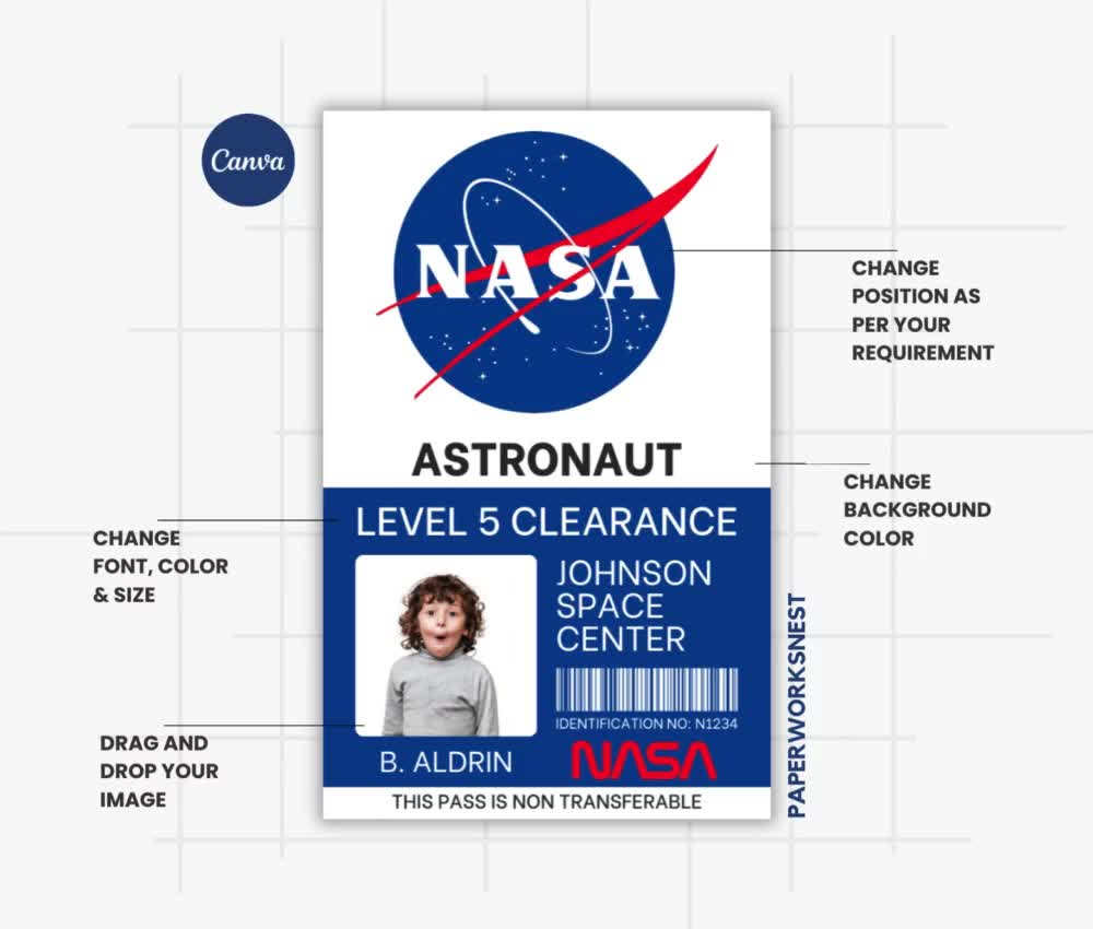 Nasa Astronaut Id Badge Template , Name Badge, Space Astronaut Prop For Cosplay Costume, Custom Ticket, Printable Outer Space Party Favors throughout Free Printable Nasa Id Badge Template