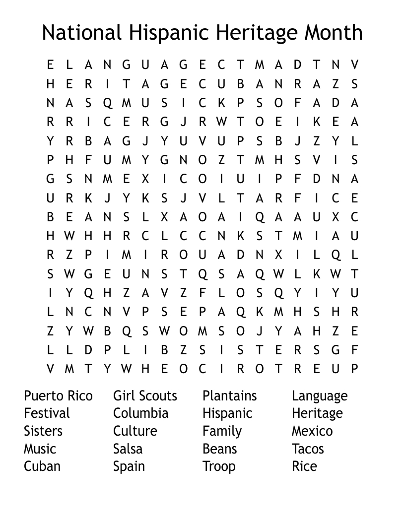 National Hispanic Heritage Month Word Search - Wordmint within Hispanic Heritage Month Word Search Printable