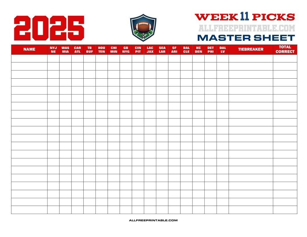 Nfl Week 11 Pick&amp;#039;Em Master Sheet 2025 – Free Printable with Nfl Week 11 Printable Pick Sheet