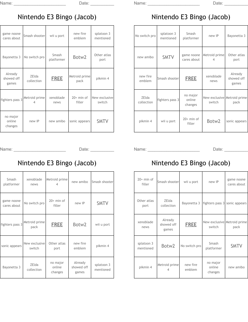 Nintendo E3 Bingo (Jacob) - Wordmint with regard to E3 Bingo Card Maker
