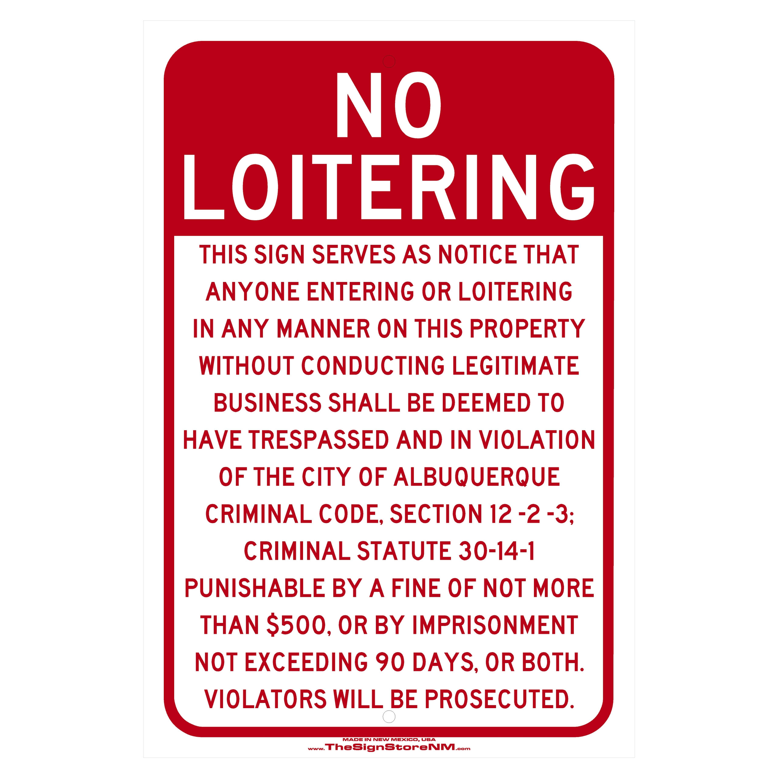No Loitering Sign - Nm Code - The Sign Store Nm intended for Printable No Loitering Sign