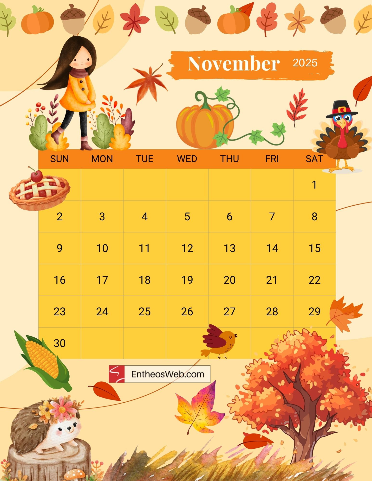 November 2025 Calendar Free Printables | Entheosweb with November 2025 Calendar Thanksgiving Printable
