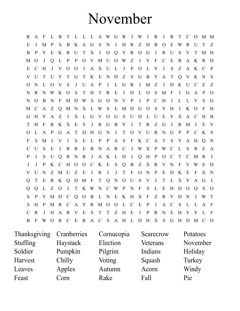November Word Search - Wordmint with regard to November Word Search Printable