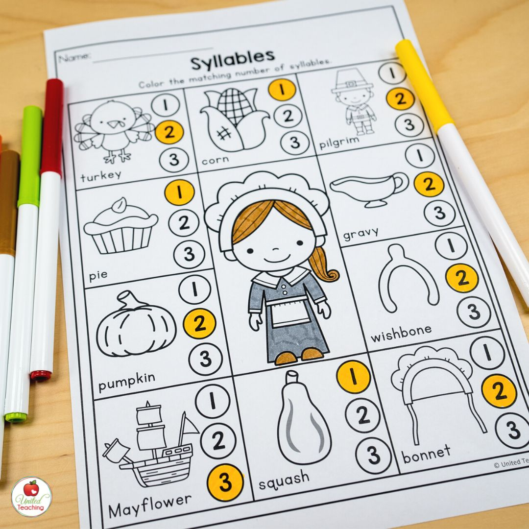 November Worksheets For Kindergarten: Easy To Prep Thanksgiving with Thanksgiving Syllables Worksheet