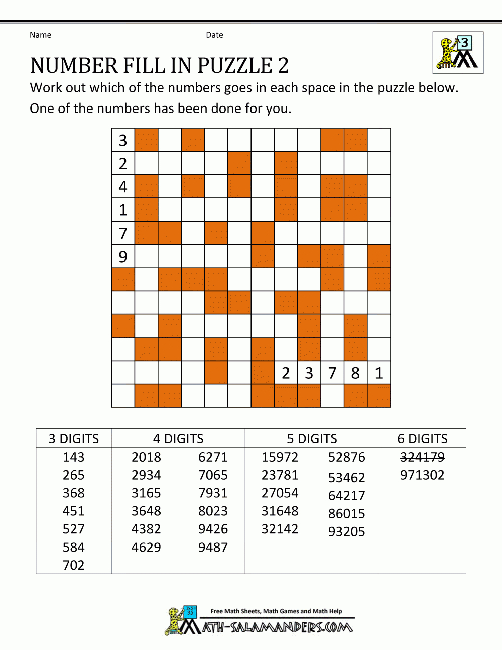 Number Fill In Puzzles throughout Number Fill in Puzzle Printable