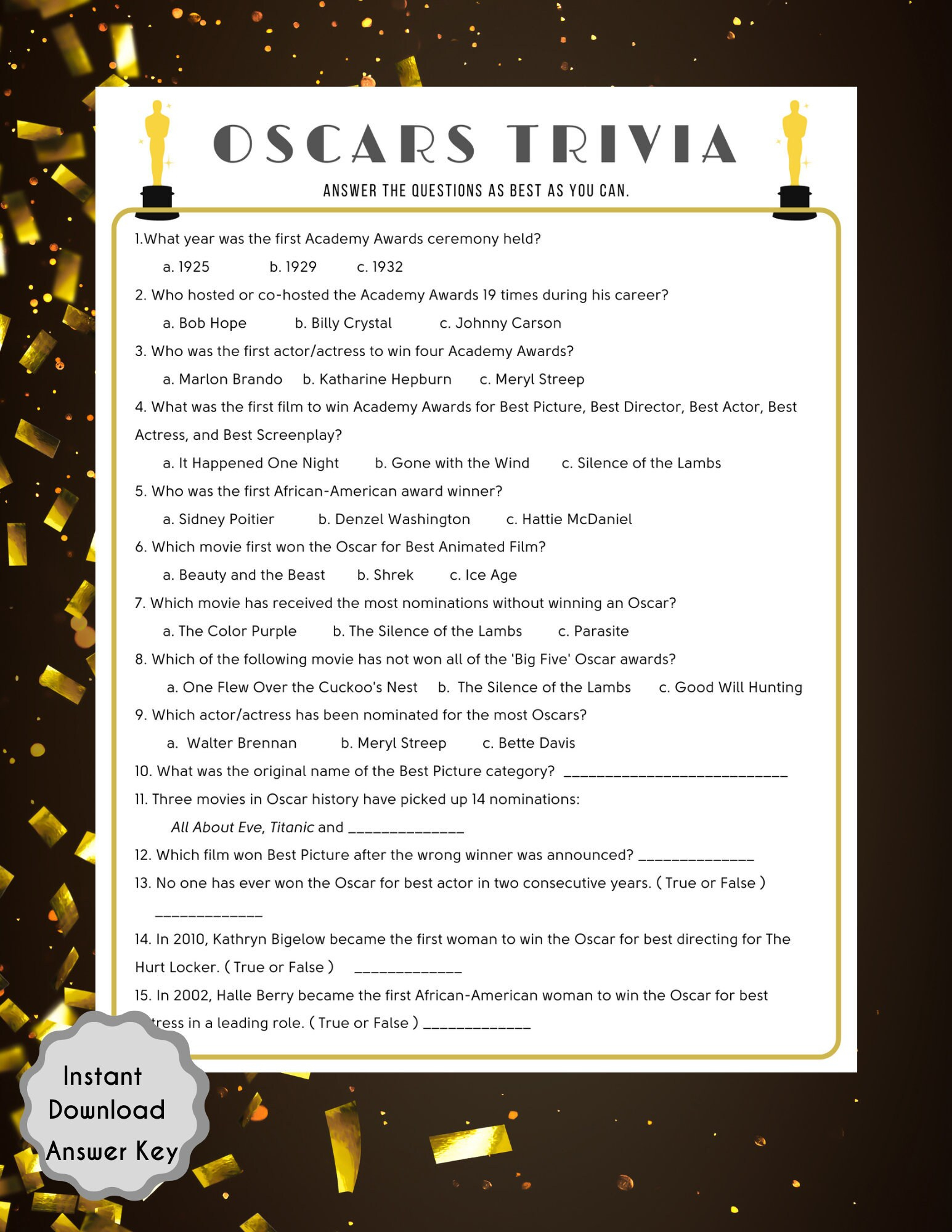 Oscars Trivia Game: 95Th Academy Awards, Printable Pdf (Instant with regard to Oscar Trivia Questions Printable