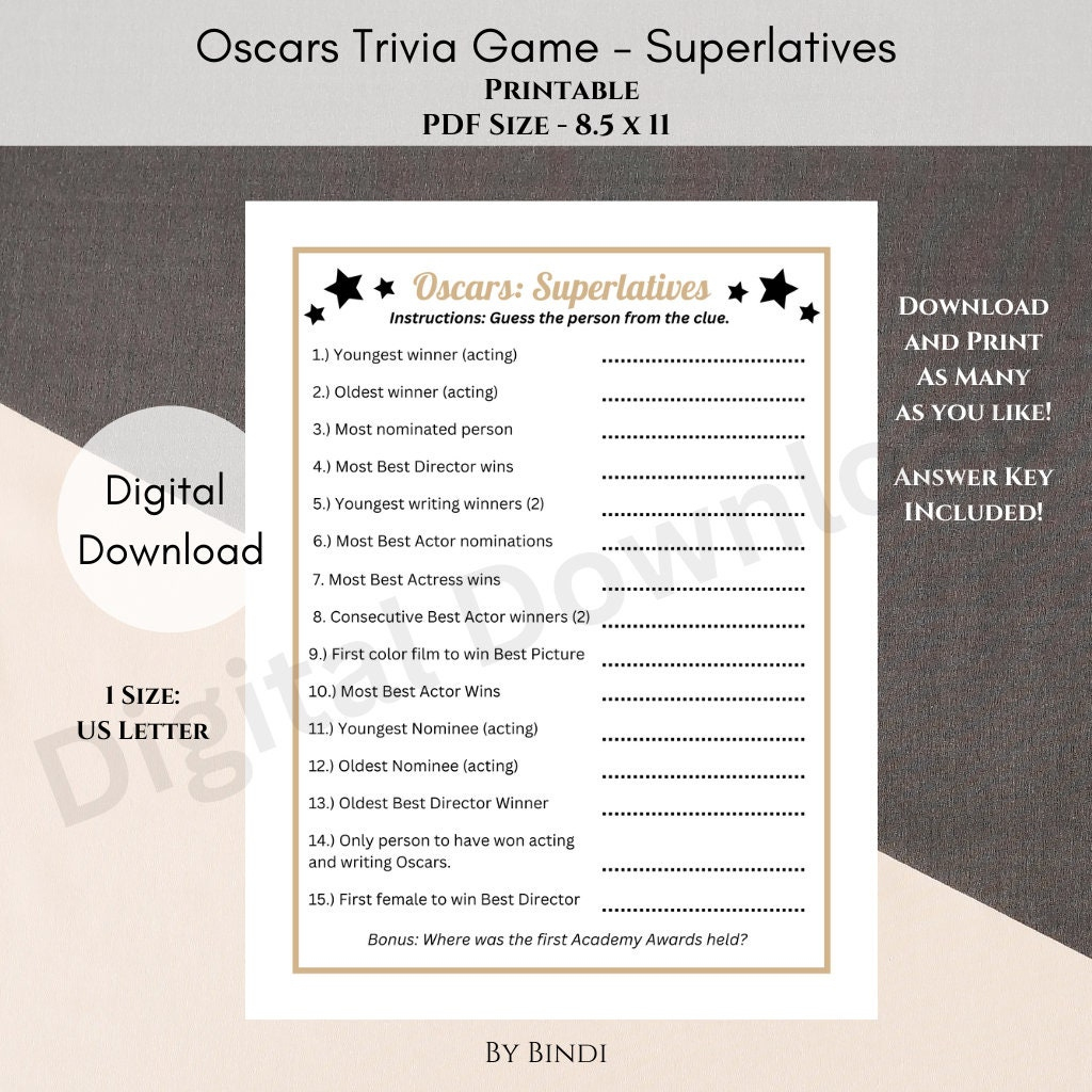 Oscars Trivia Spiel Druckbare Pdf | Oscar Party Spiel Zum intended for Oscar Trivia Questions Printable