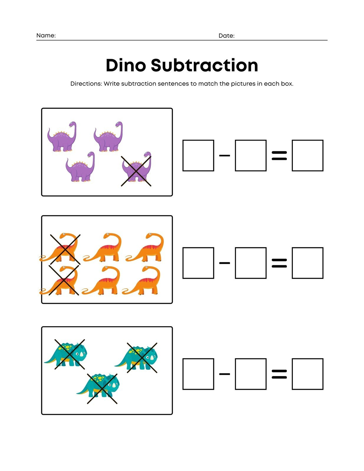Page 2 - Free Subtraction Worksheet Templates To Edit And Print inside Dinosaur Subtract and Match Worksheet